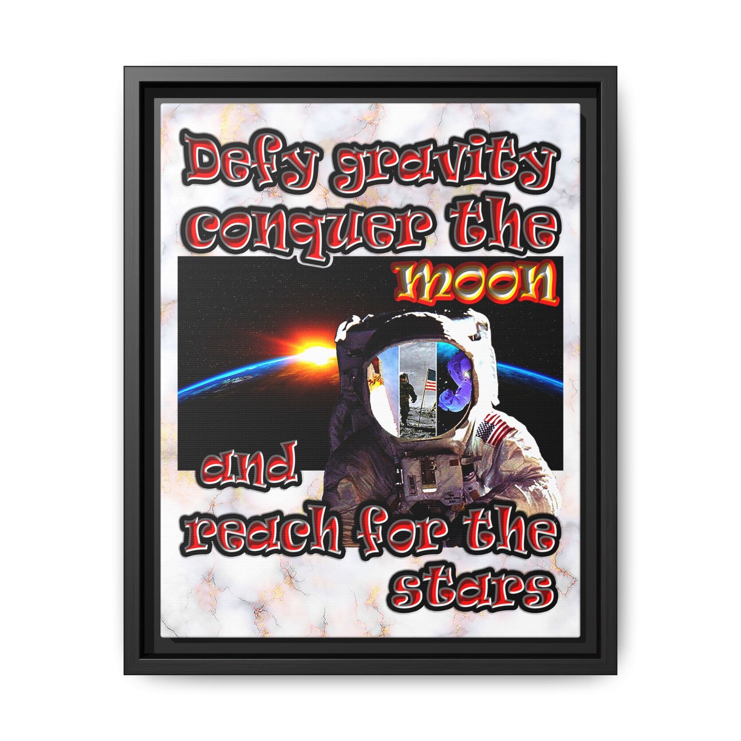 defy conquer reach - framed canvas art (white marble)