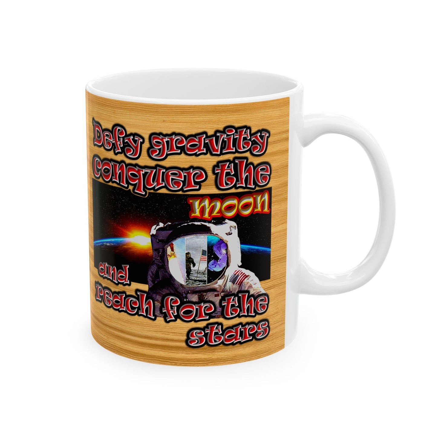 defy conquer reach - White Mug (butterscotch wood finish)