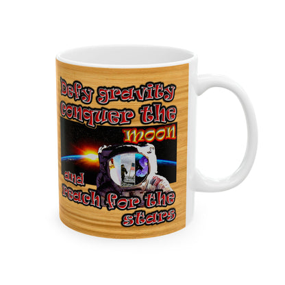 defy conquer reach - White Mug (butterscotch wood finish)