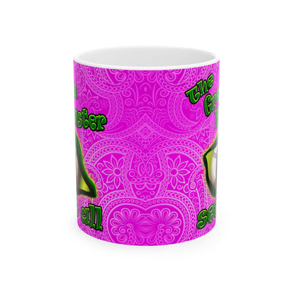 green monster - White Mug (pink swirl)
