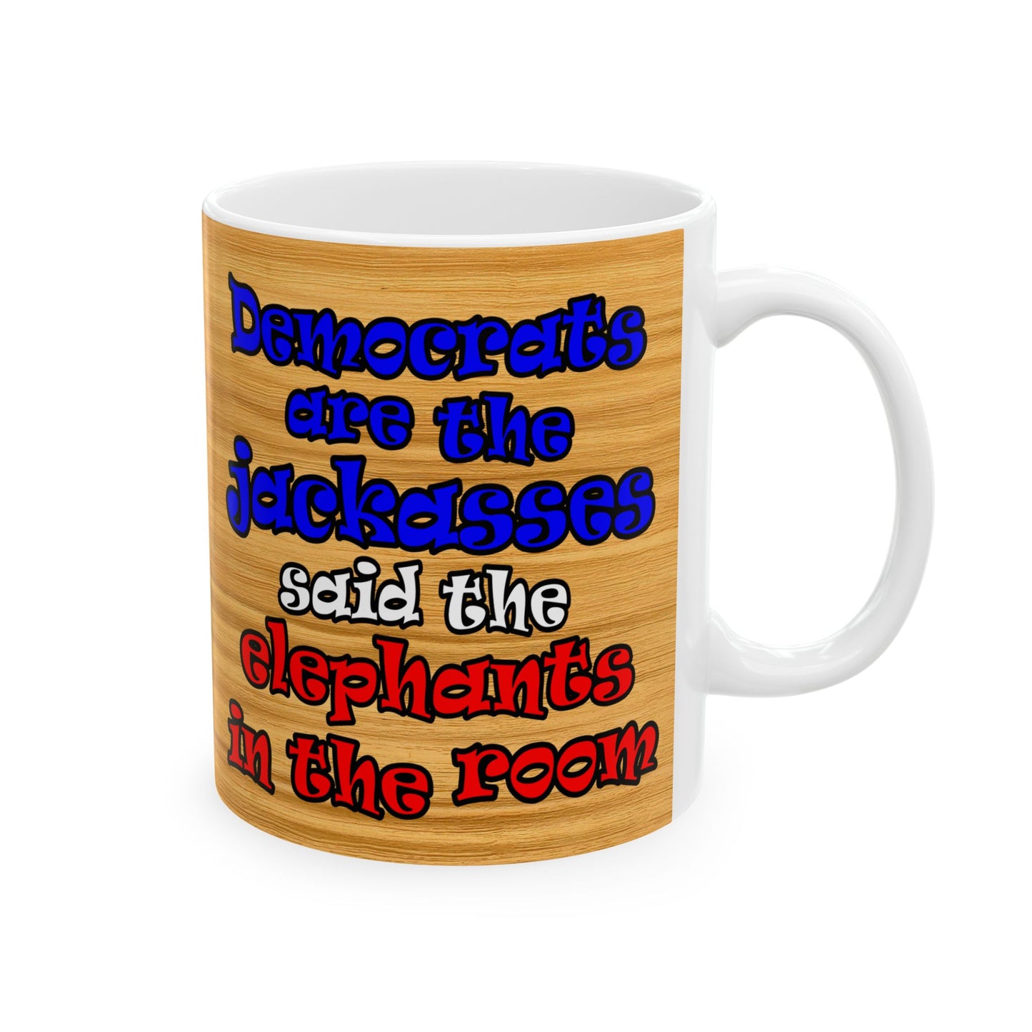donkeys and elephants - White Mug (butterscotch wood finish)