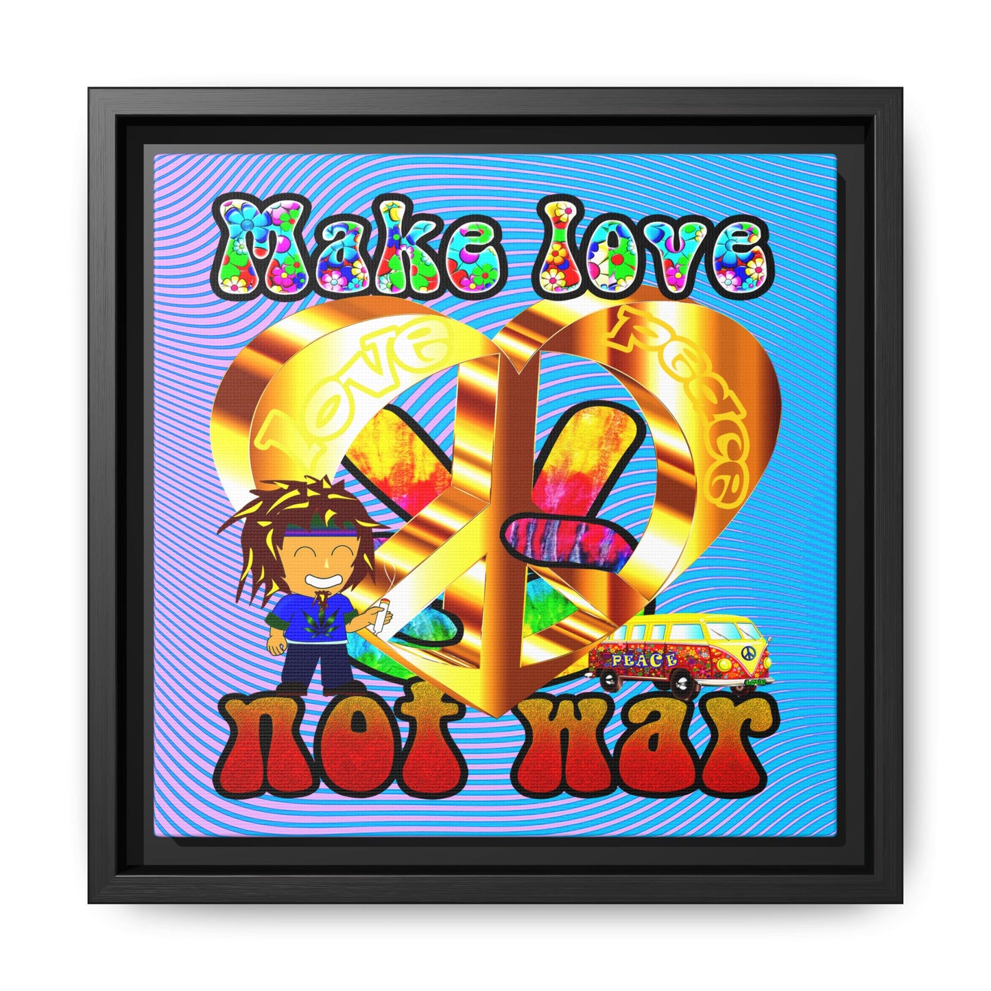 love peace - framed canvas art (light blue-purple wave)