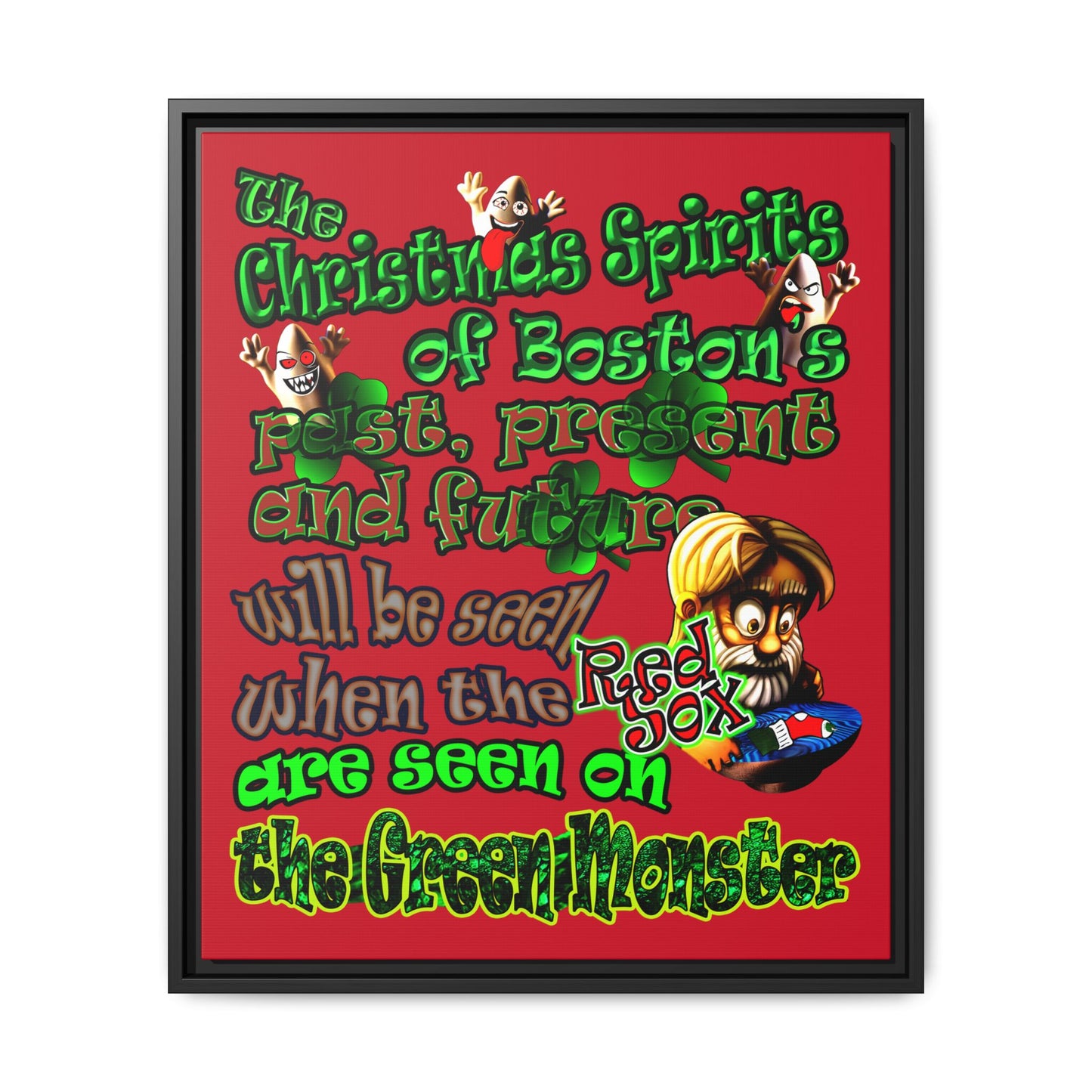 christmas spirits of boston - framed canvas art (dark red)