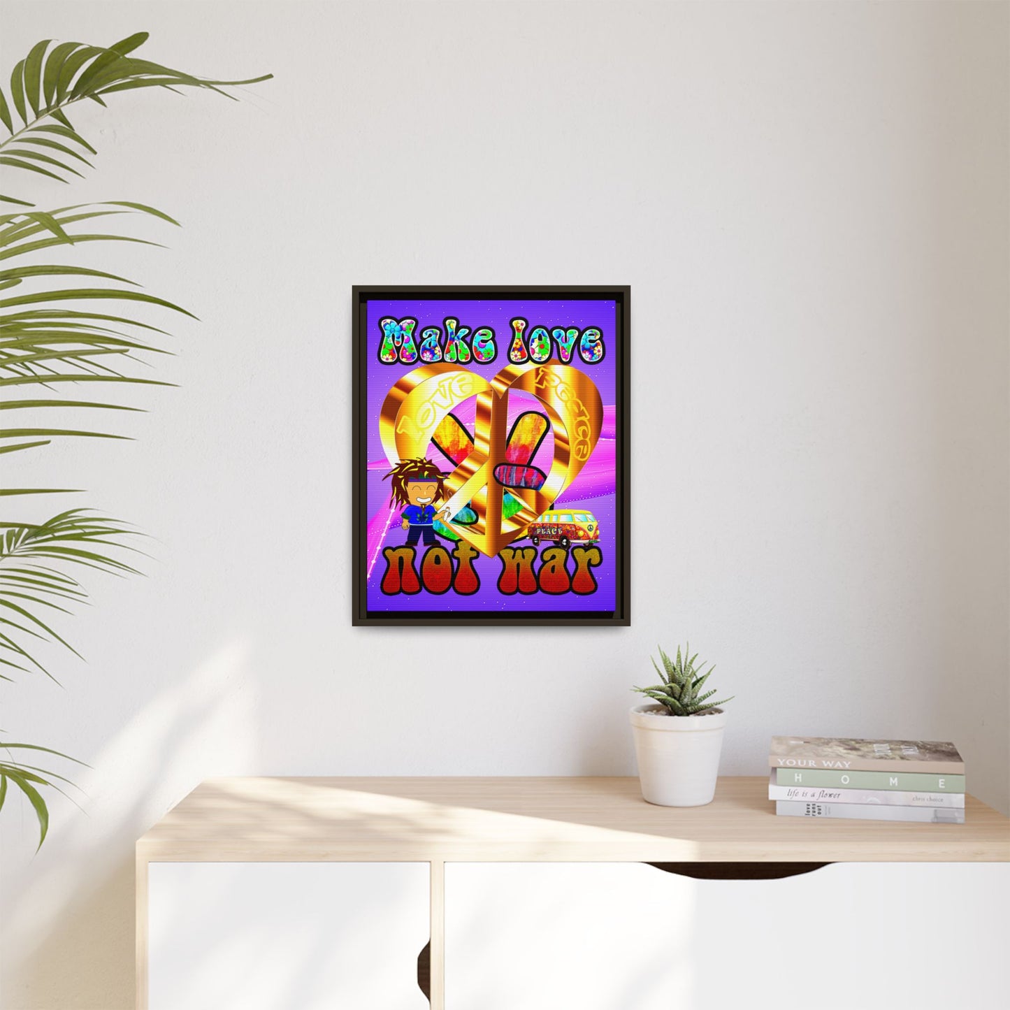 love peace - framed canvas art (purple-pink wave)