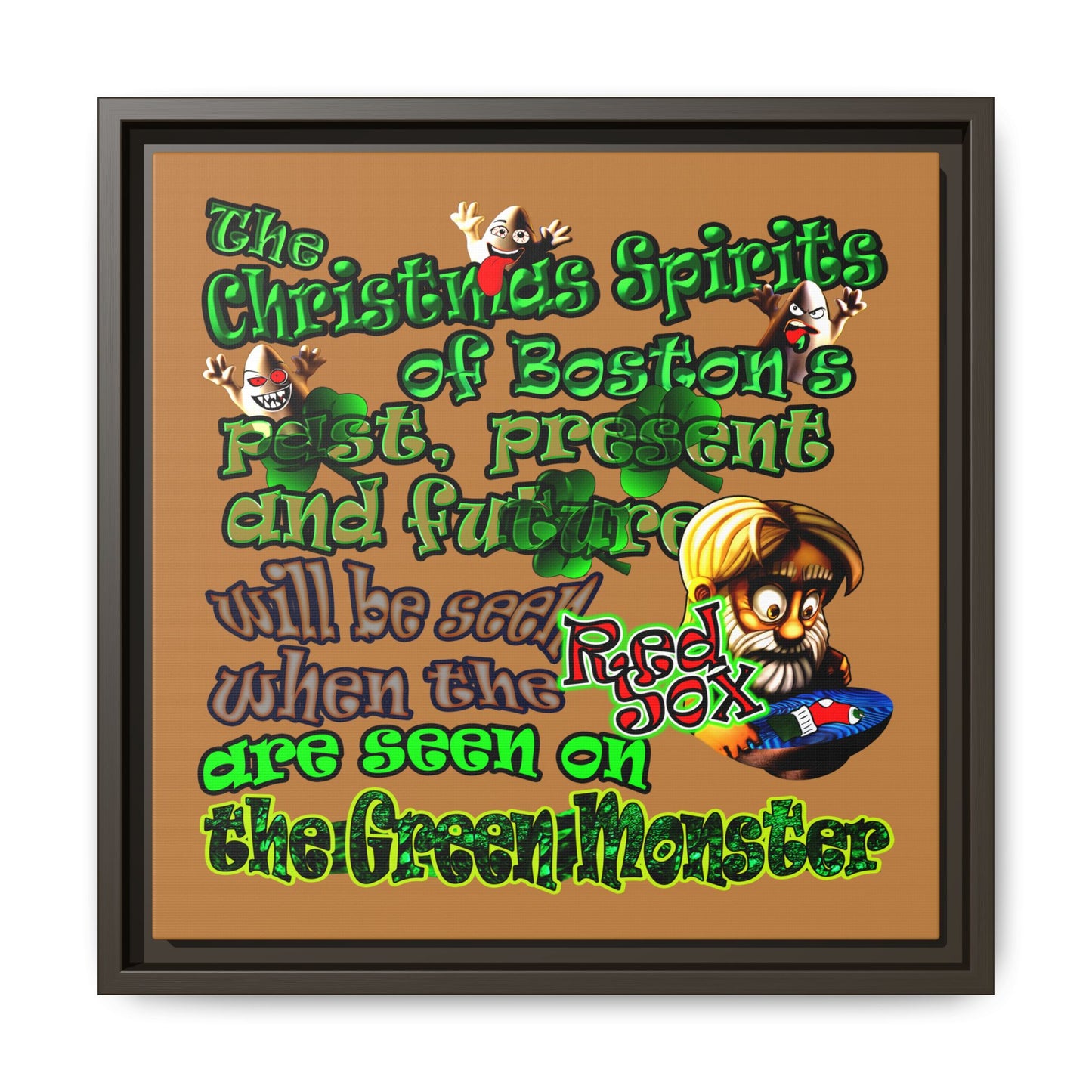 christmas spirits of boston - framed canvas art (light brown)