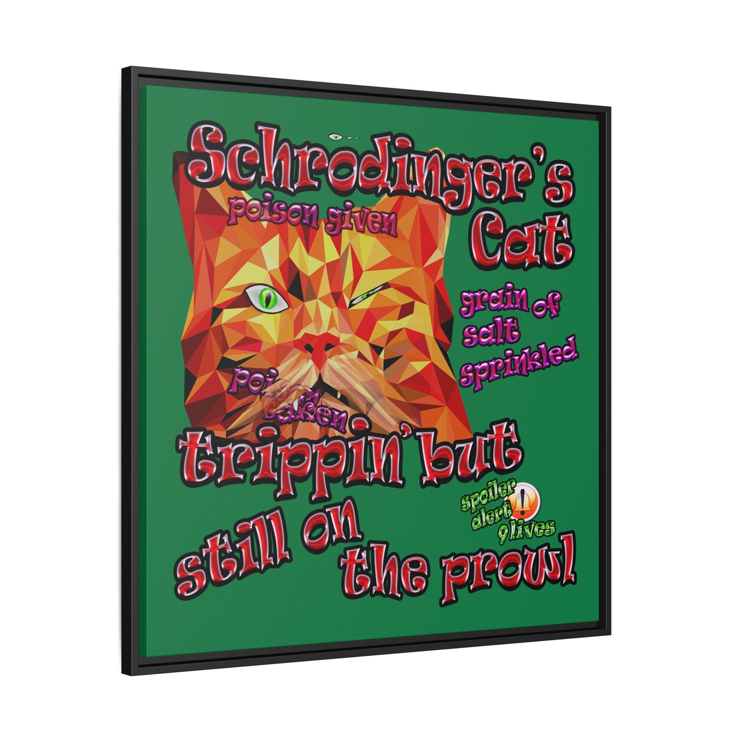 schrodinger's cat - framed canvas art (dark green)