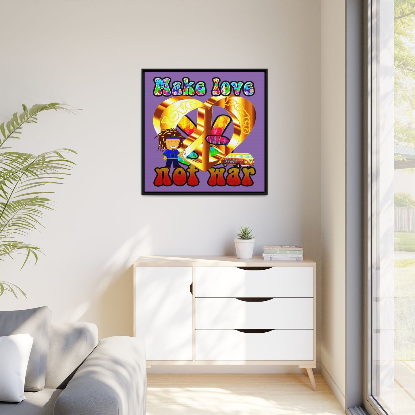 love peace - framed canvas art (light purple)
