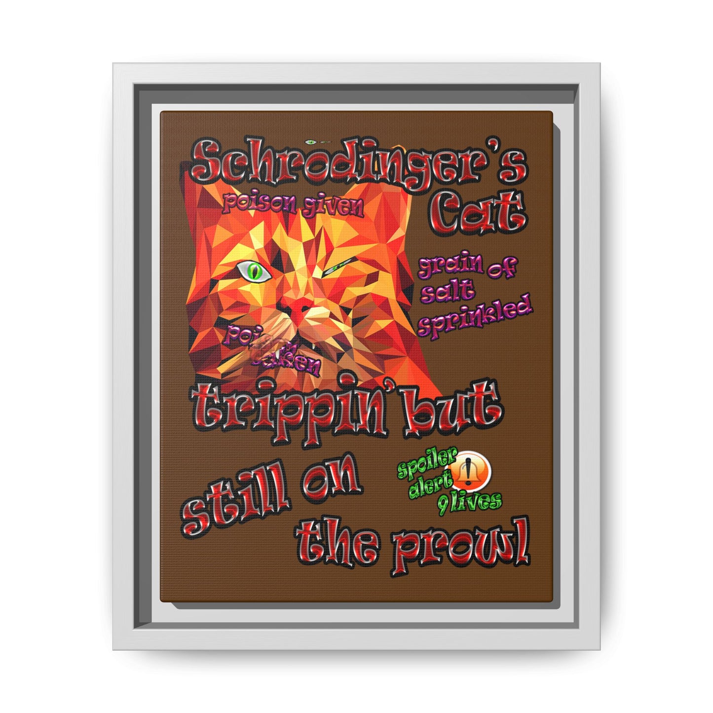 schrodinger's cat - framed canvas art (brown)