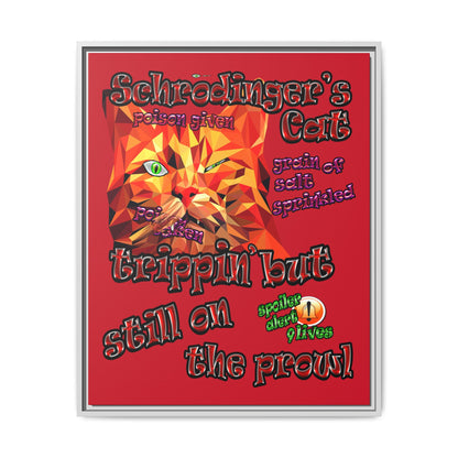 schrodinger's cat - framed canvas art (dark red)