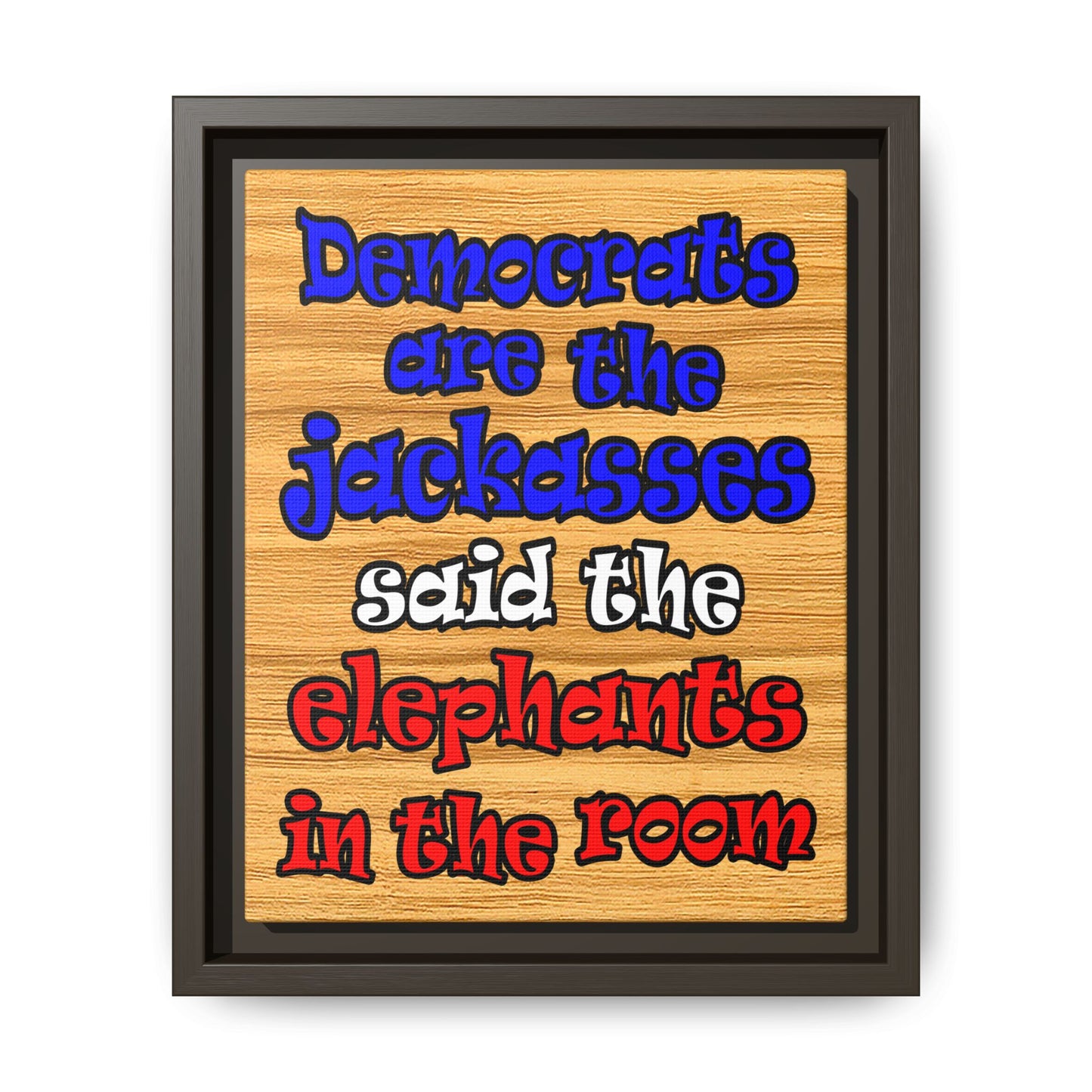 donkeys and elephants - framed canvas art (butterscotch wood finish)
