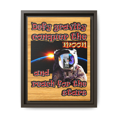 defy conquer reach - framed canvas art (butterscotch wood finish)