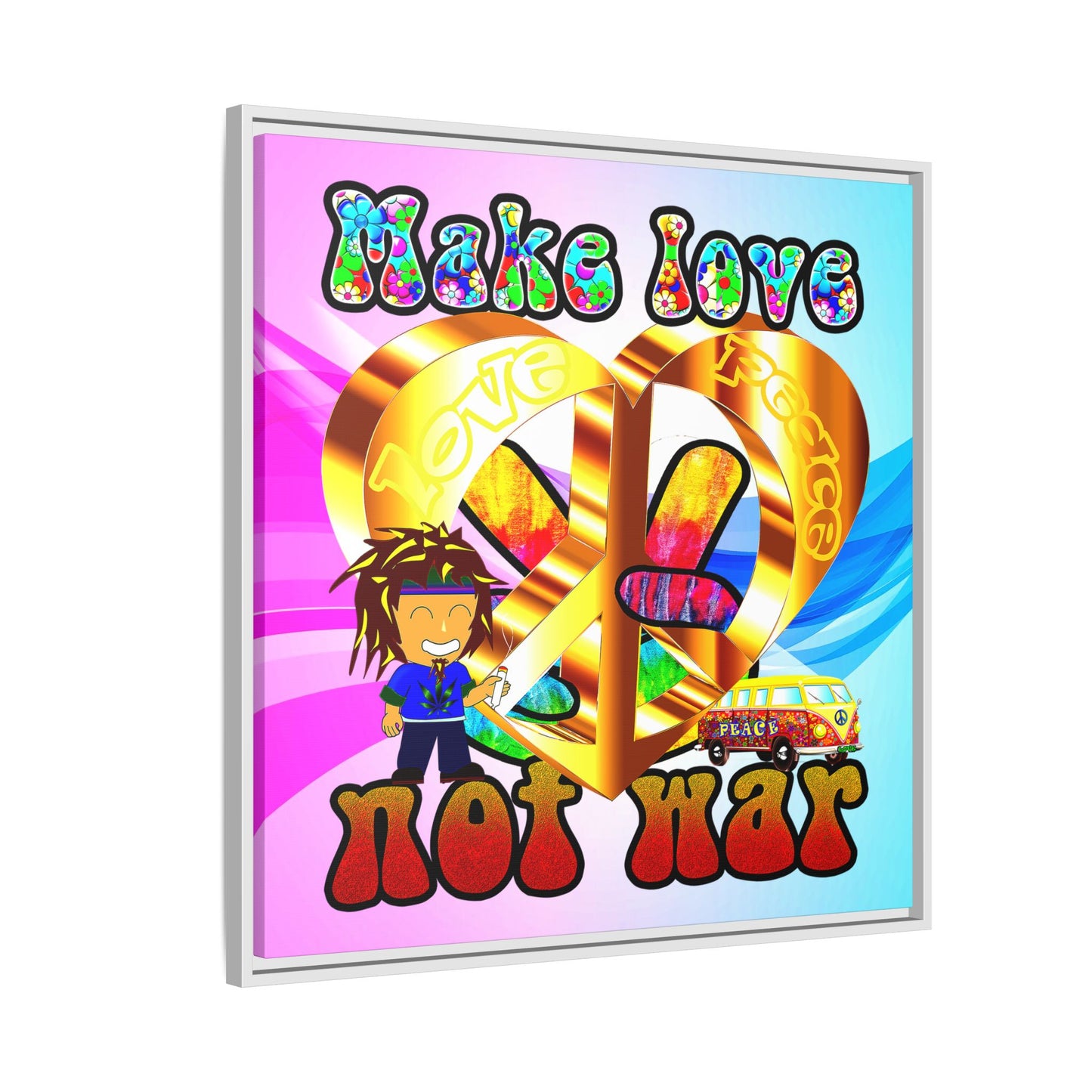 love peace - framed canvas art (light blue-pink wave)