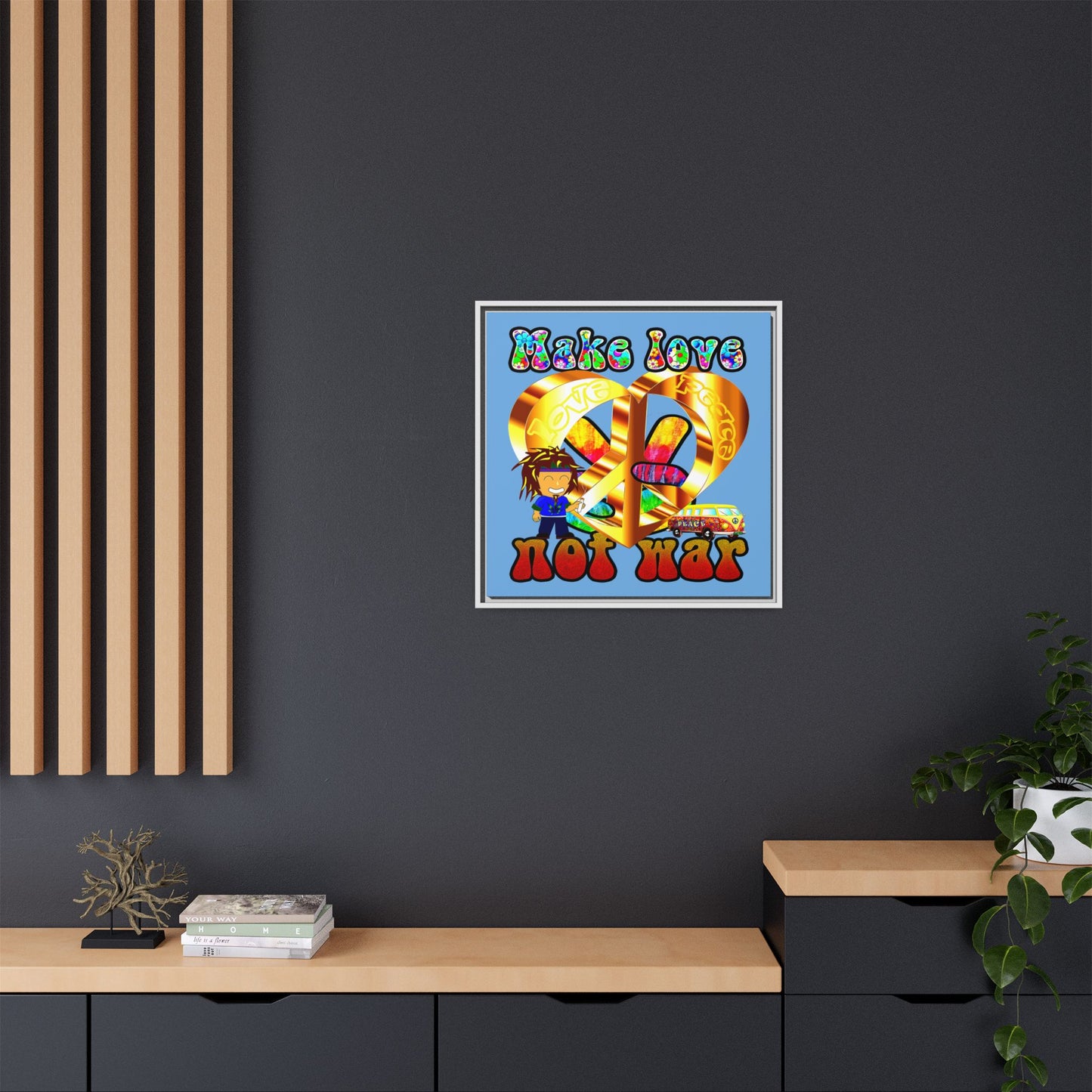 love peace - framed canvas art (light blue)