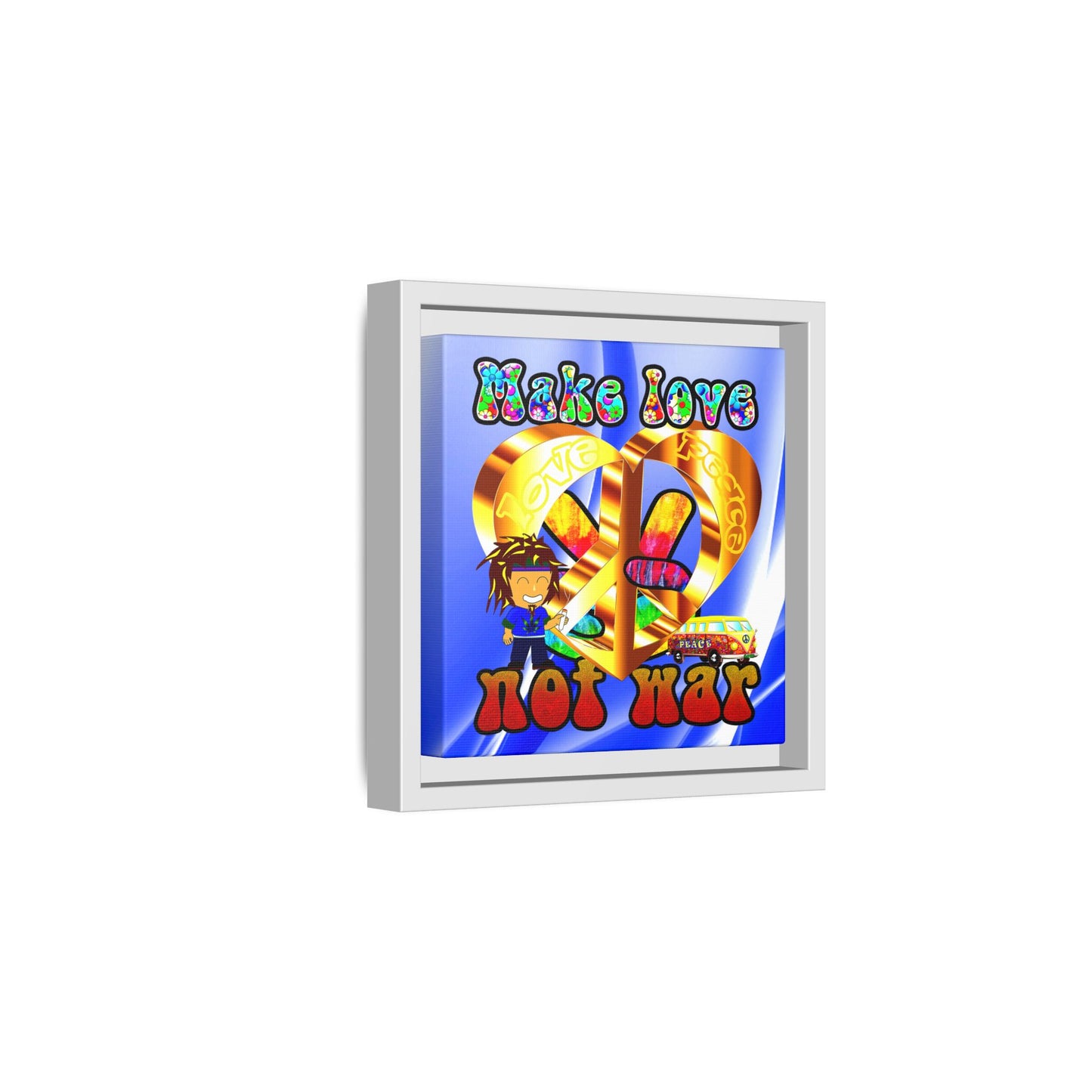 love peace - framed canvas art (blue-white wave)