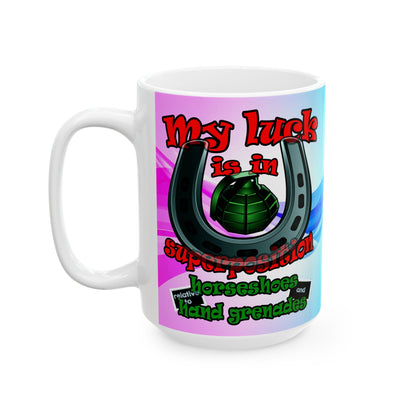 my luck - White Mug (light blue-pink wave)