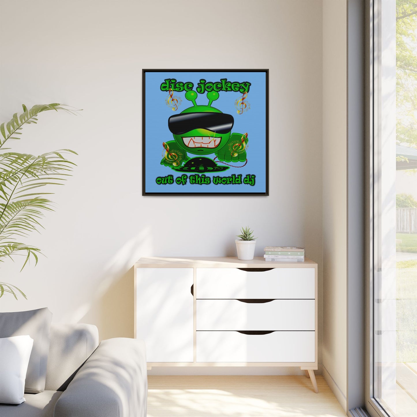disc jockey - framed canvas art (light blue)