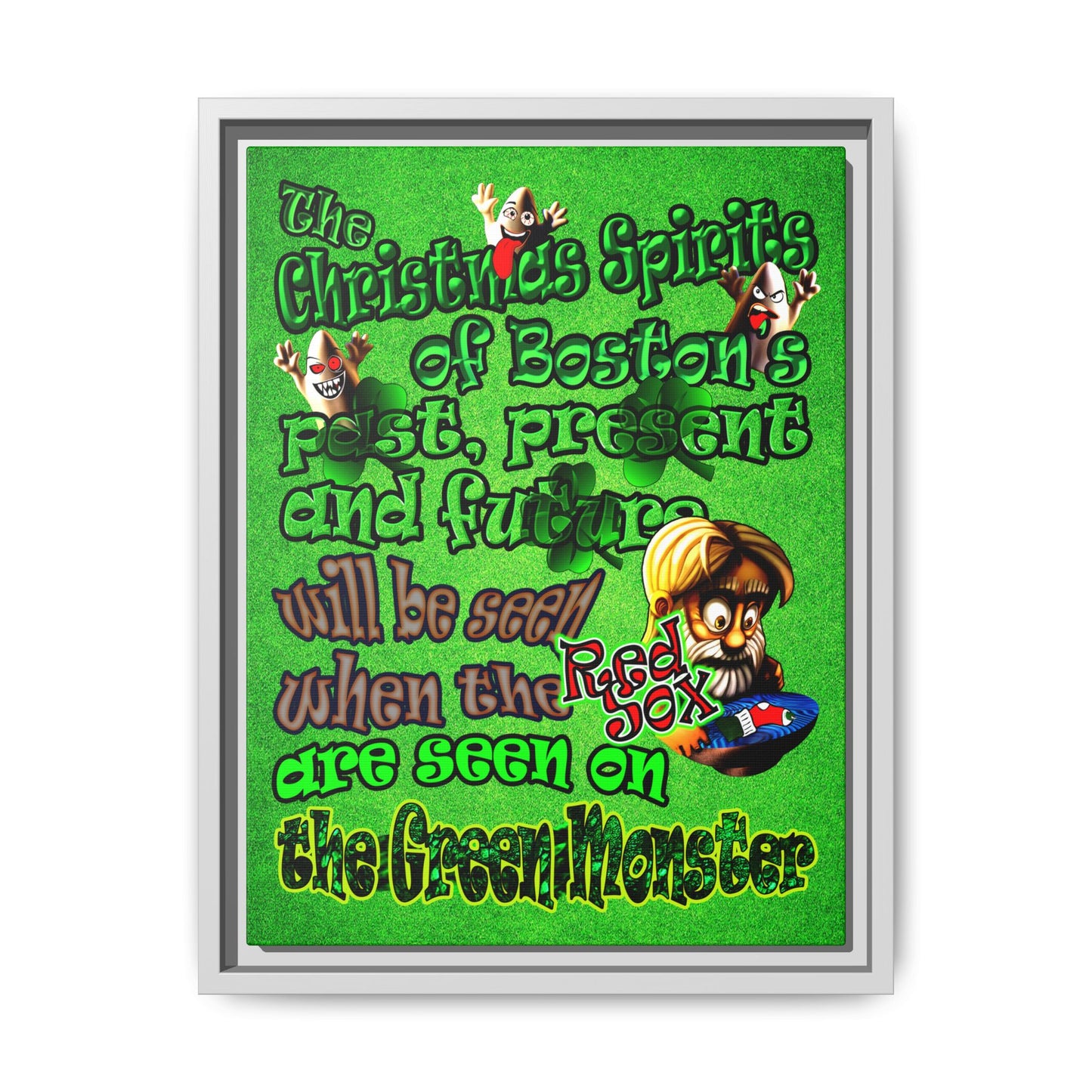 christmas spirits of boston - framed canvas art (green turf)