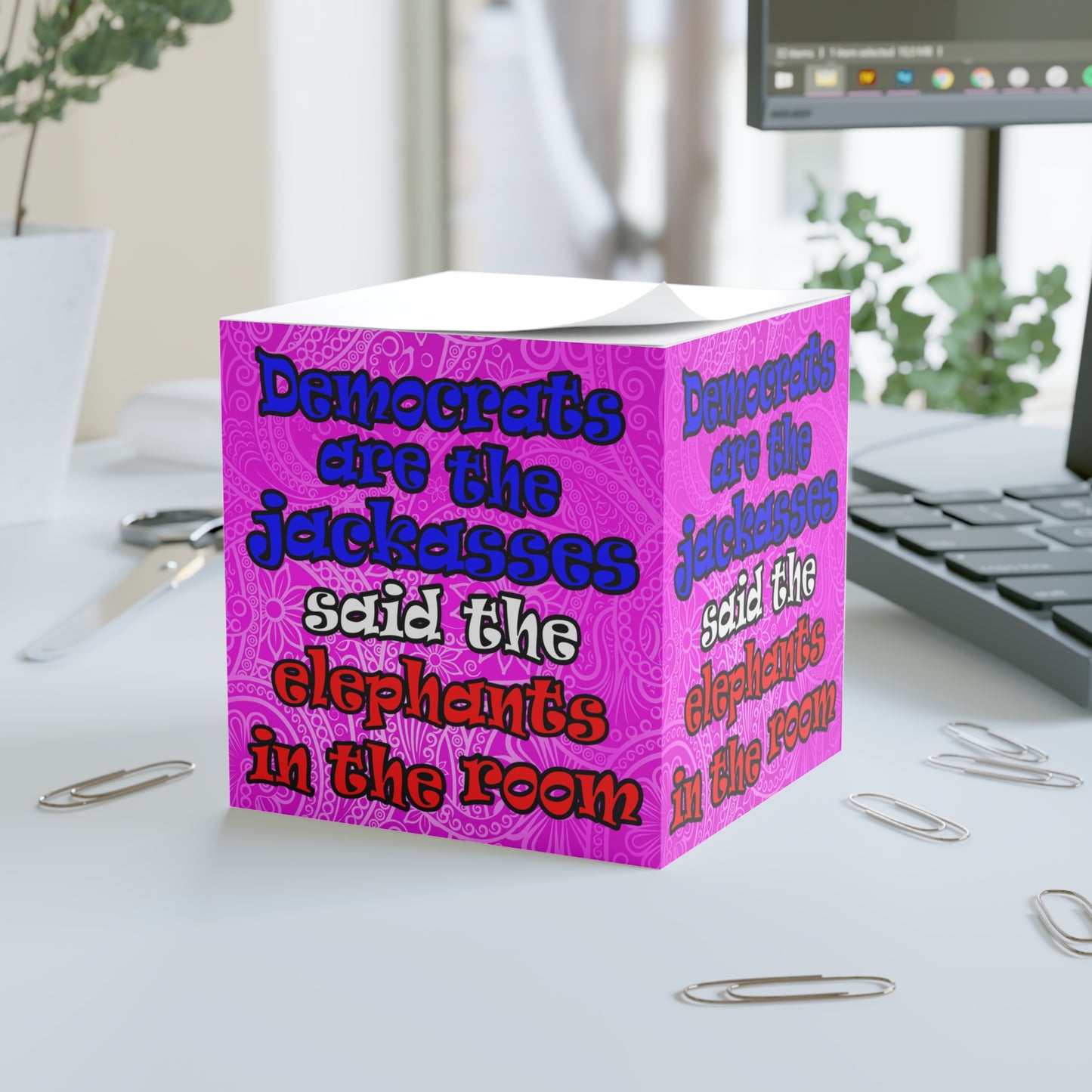 donkeys and elephants - note cube (pink swirl)