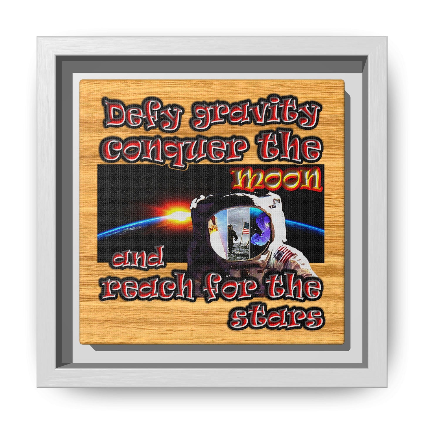 defy conquer reach - framed canvas art (butterscotch wood finish)