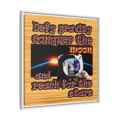 defy conquer reach - framed canvas art (butterscotch wood finish)