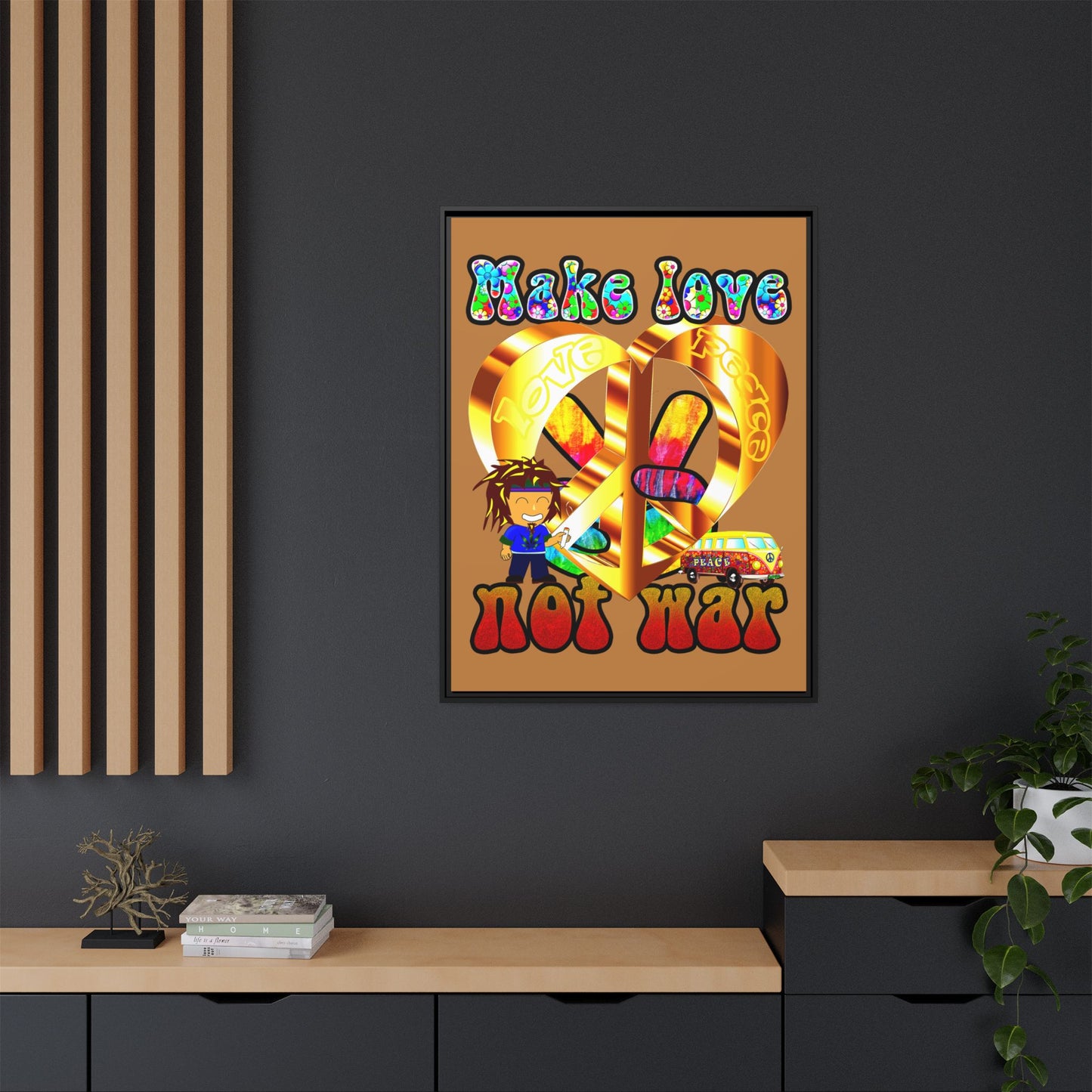 love peace - framed canvas art (light brown)