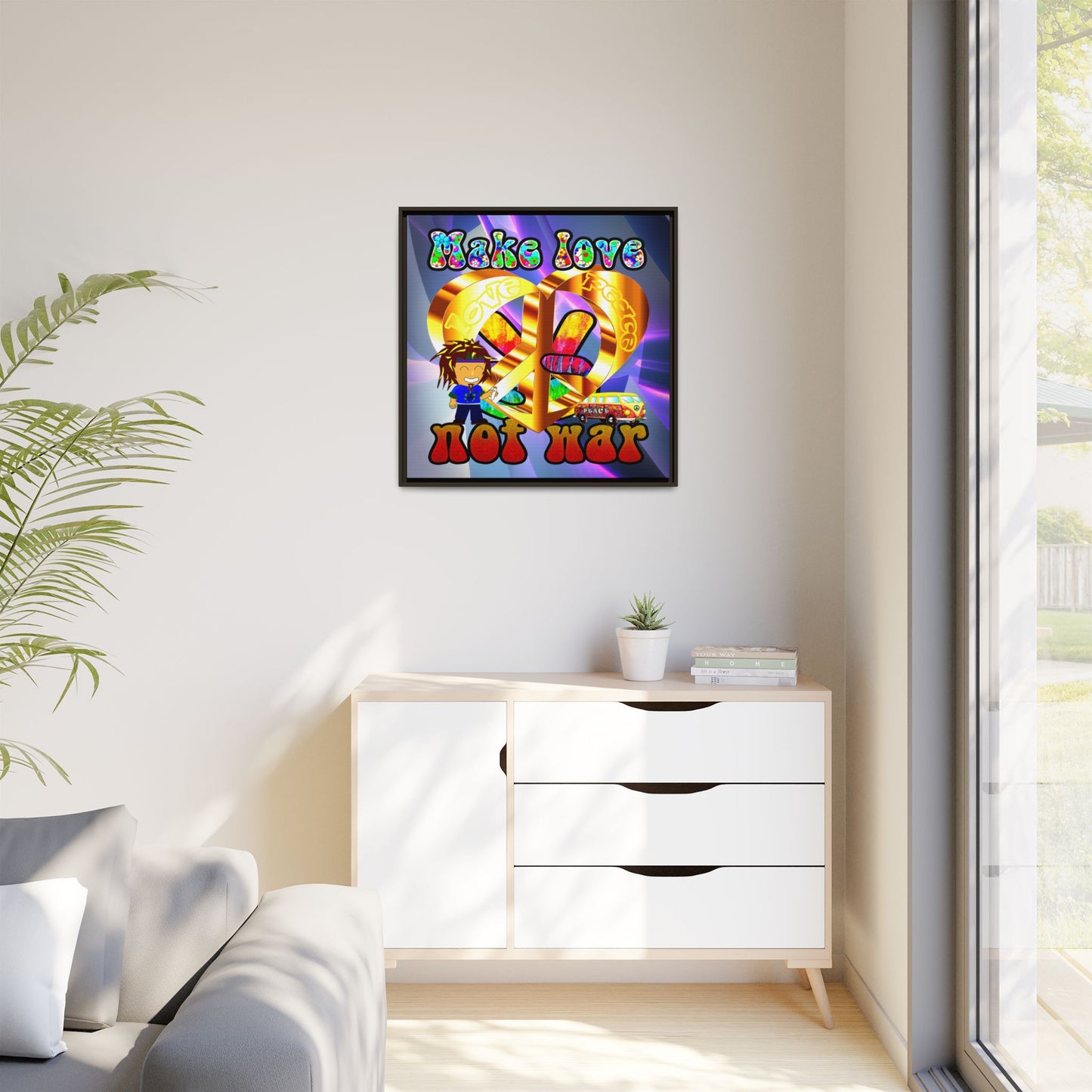 love peace - framed canvas art (grey-pink wave)