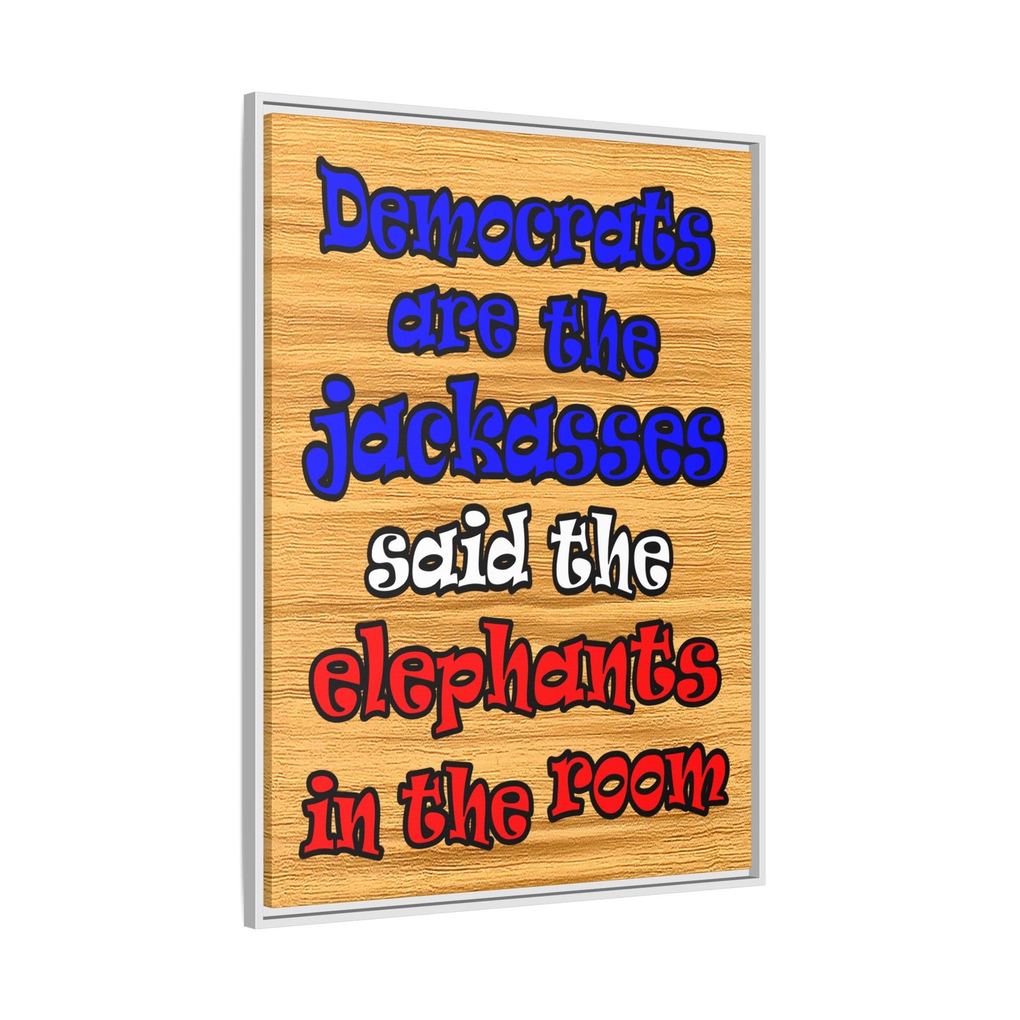 donkeys and elephants - framed canvas art (butterscotch wood finish)