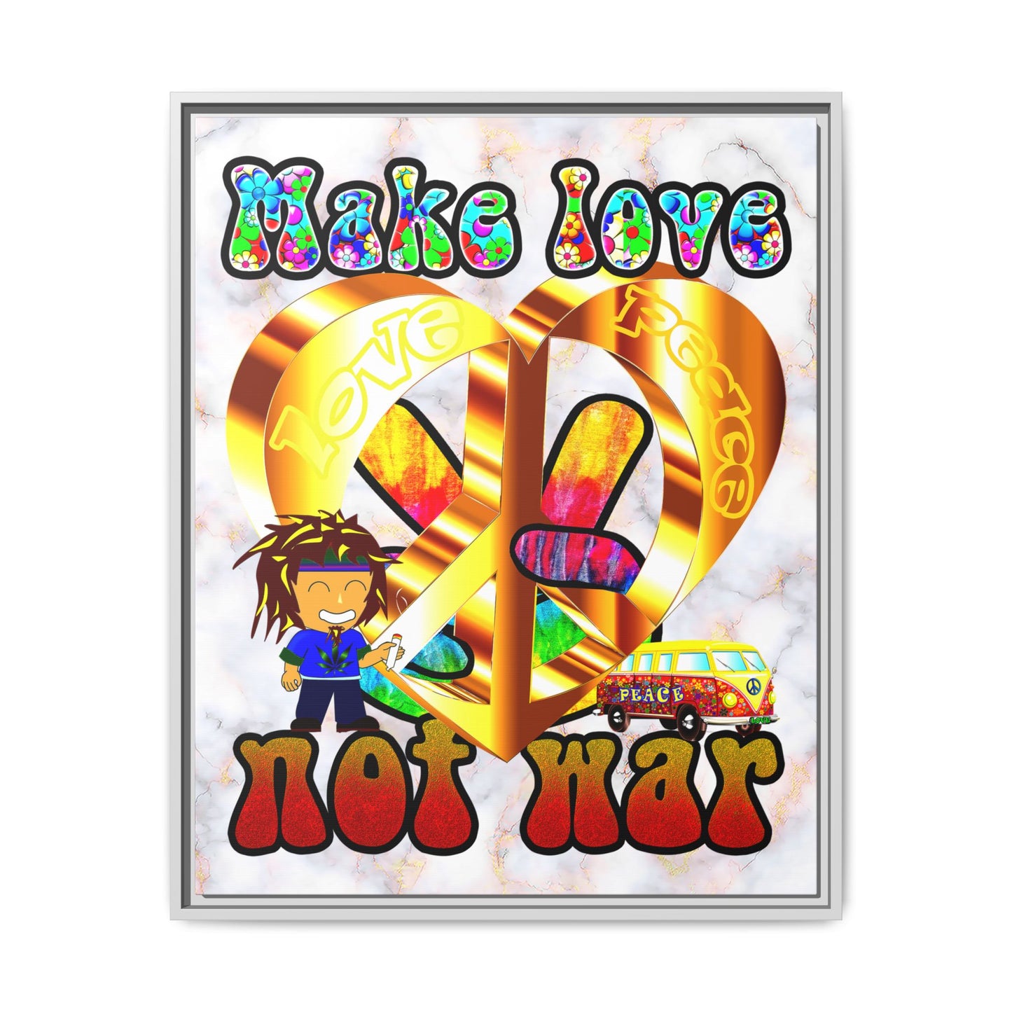 love peace - framed canvas art (white marble)