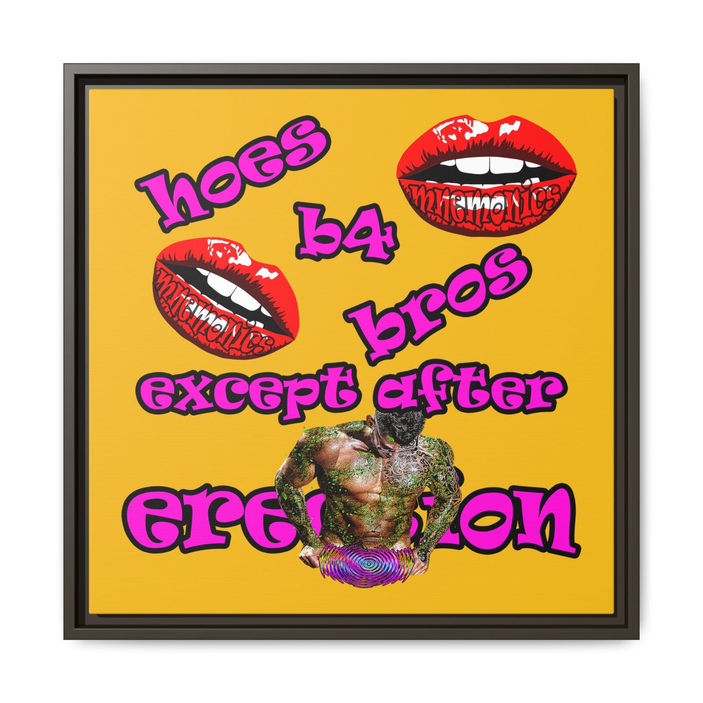 hoes b4 bros - framed canvas art (yellow)