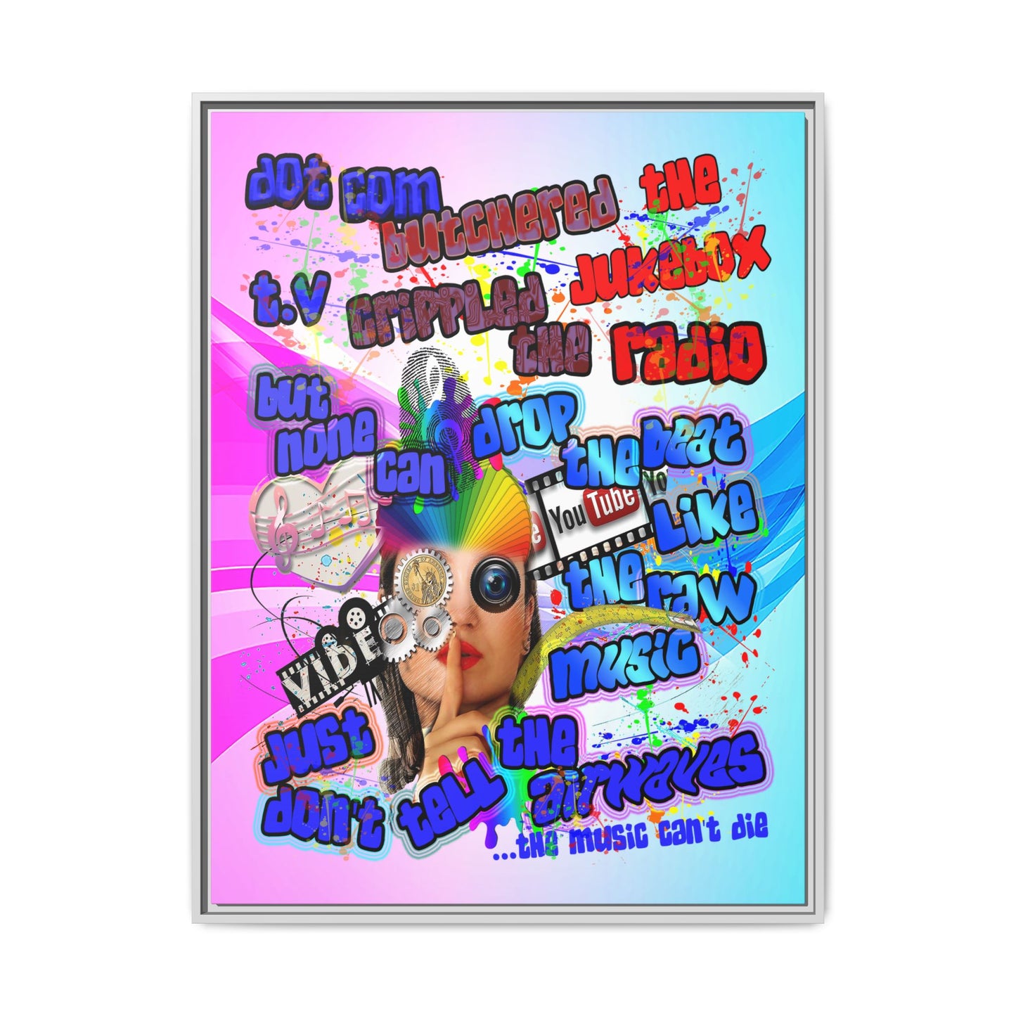 drop the beat - framed canvas art (light blue-pink wave)