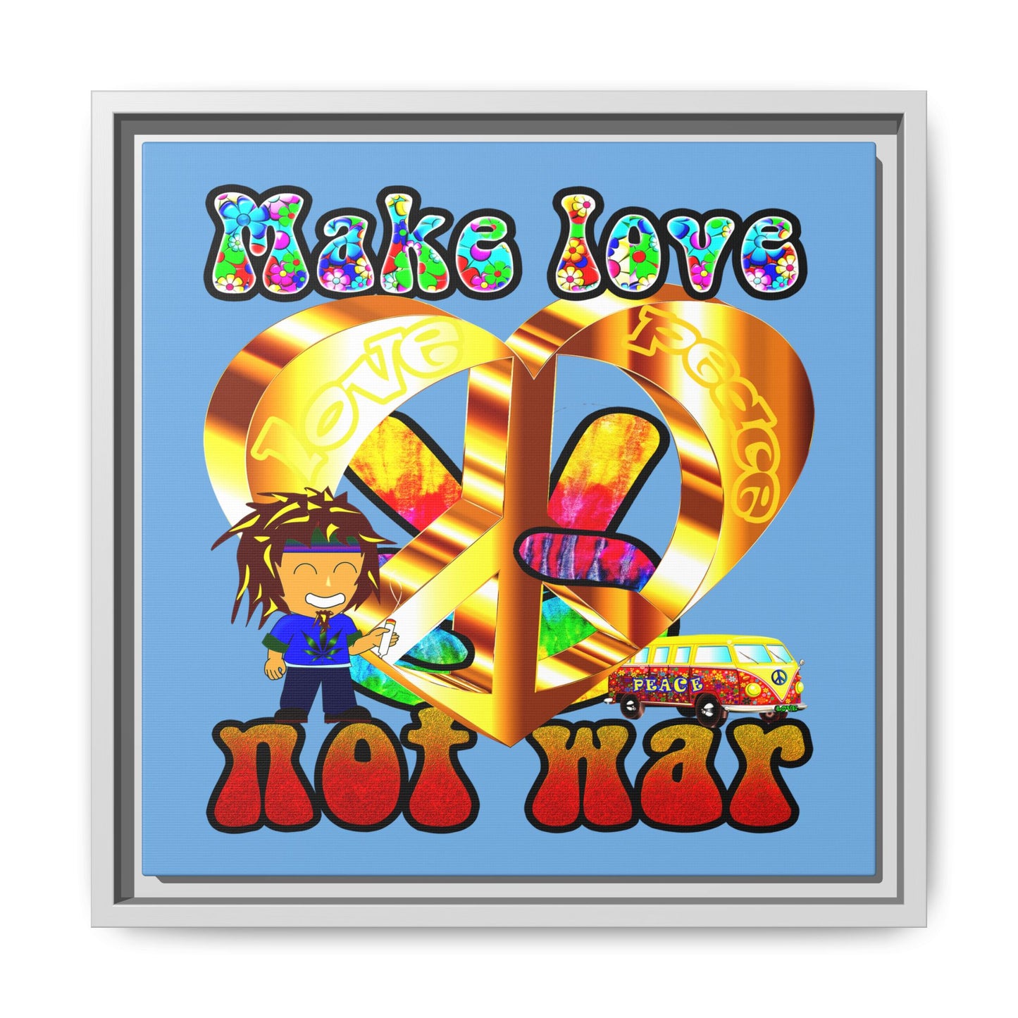 love peace - framed canvas art (light blue)