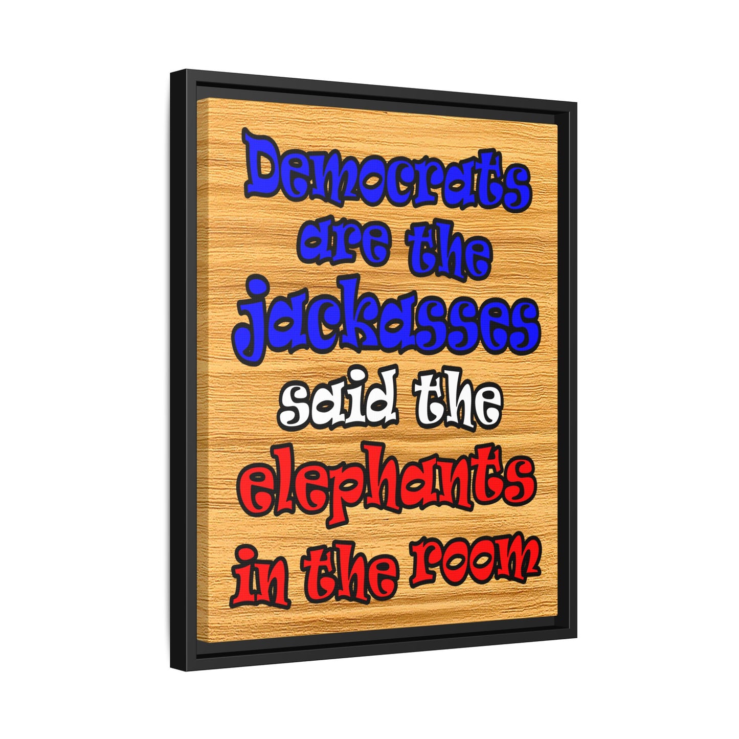 donkeys and elephants - framed canvas art (butterscotch wood finish)