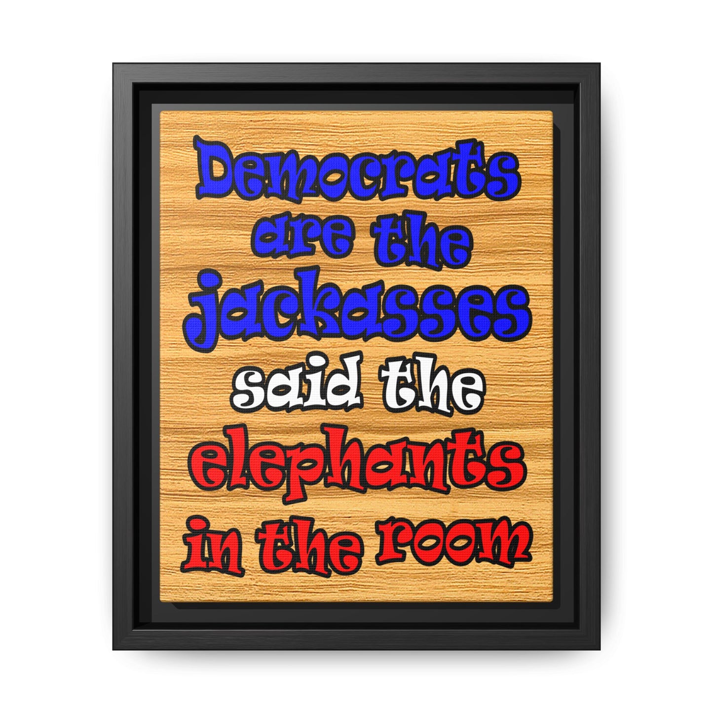 donkeys and elephants - framed canvas art (butterscotch wood finish)