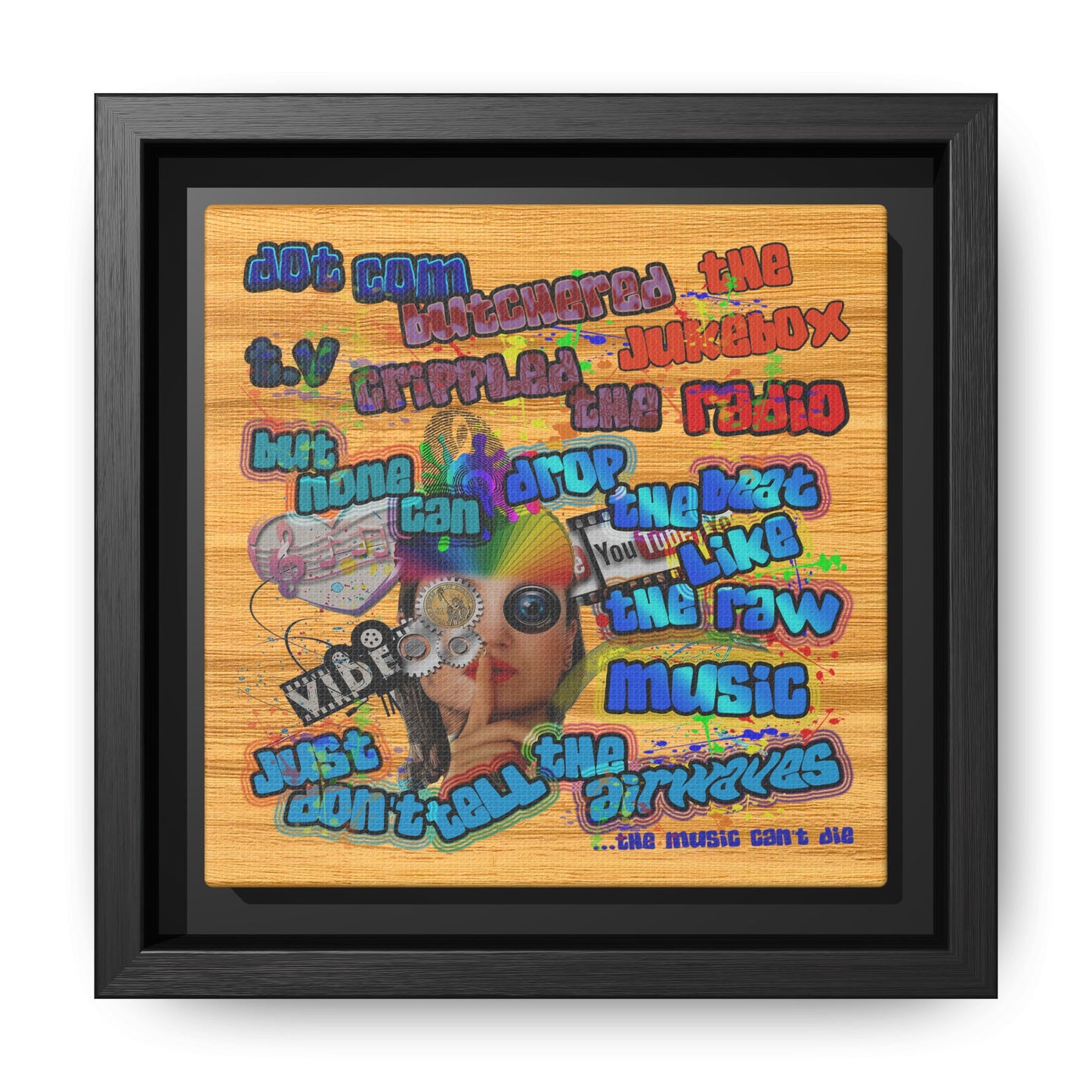 drop the beat - framed canvas art (butterscotch wood finish)