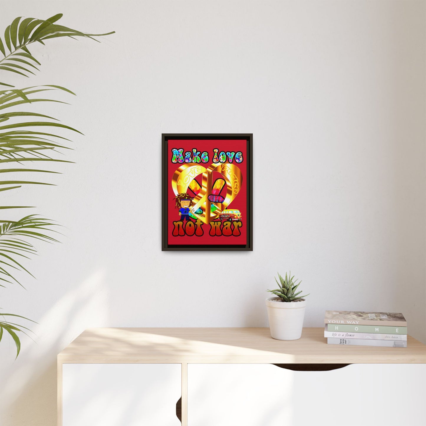 love peace - framed canvas art (dark red)