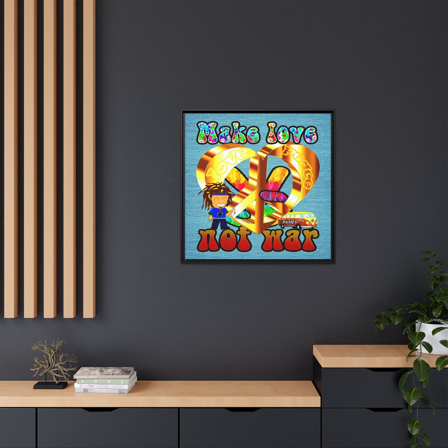 love peace - framed canvas art (faded blue)