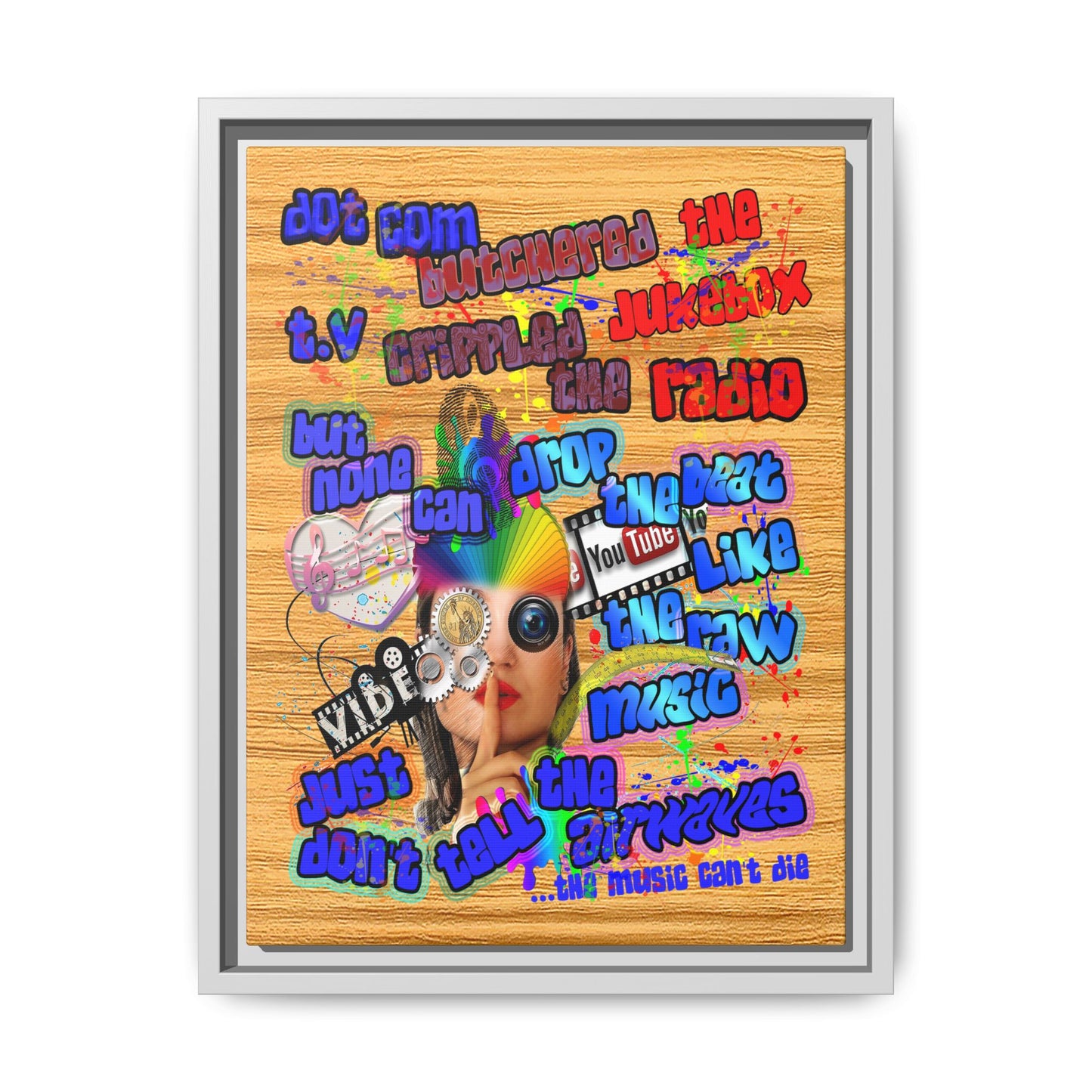 drop the beat - framed canvas art (butterscotch wood finish)