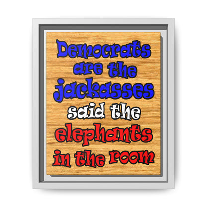 donkeys and elephants - framed canvas art (butterscotch wood finish)