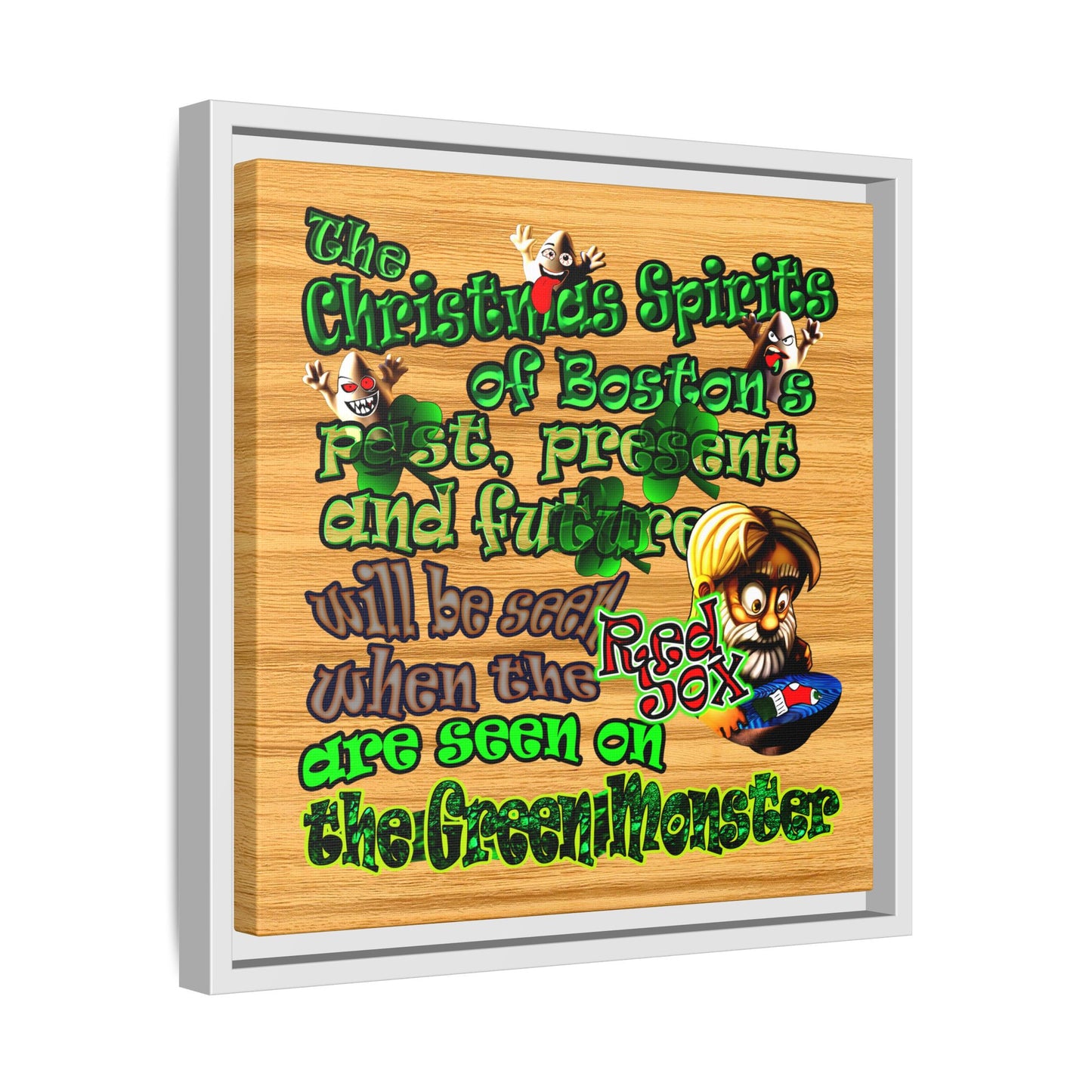christmas spirits of boston - framed canvas art (butterscotch wood finish)
