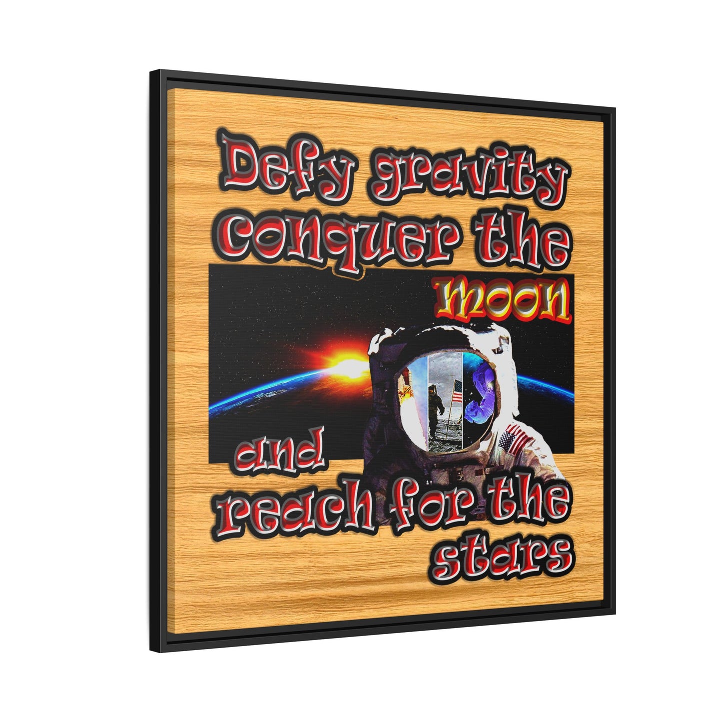 defy conquer reach - framed canvas art (butterscotch wood finish)