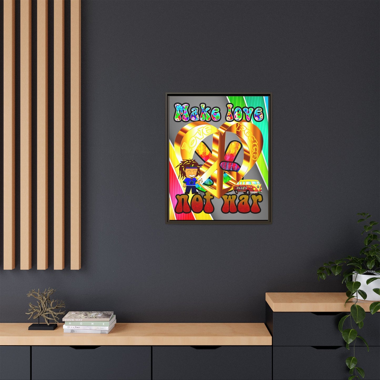 love peace - framed canvas art (rainbow split)
