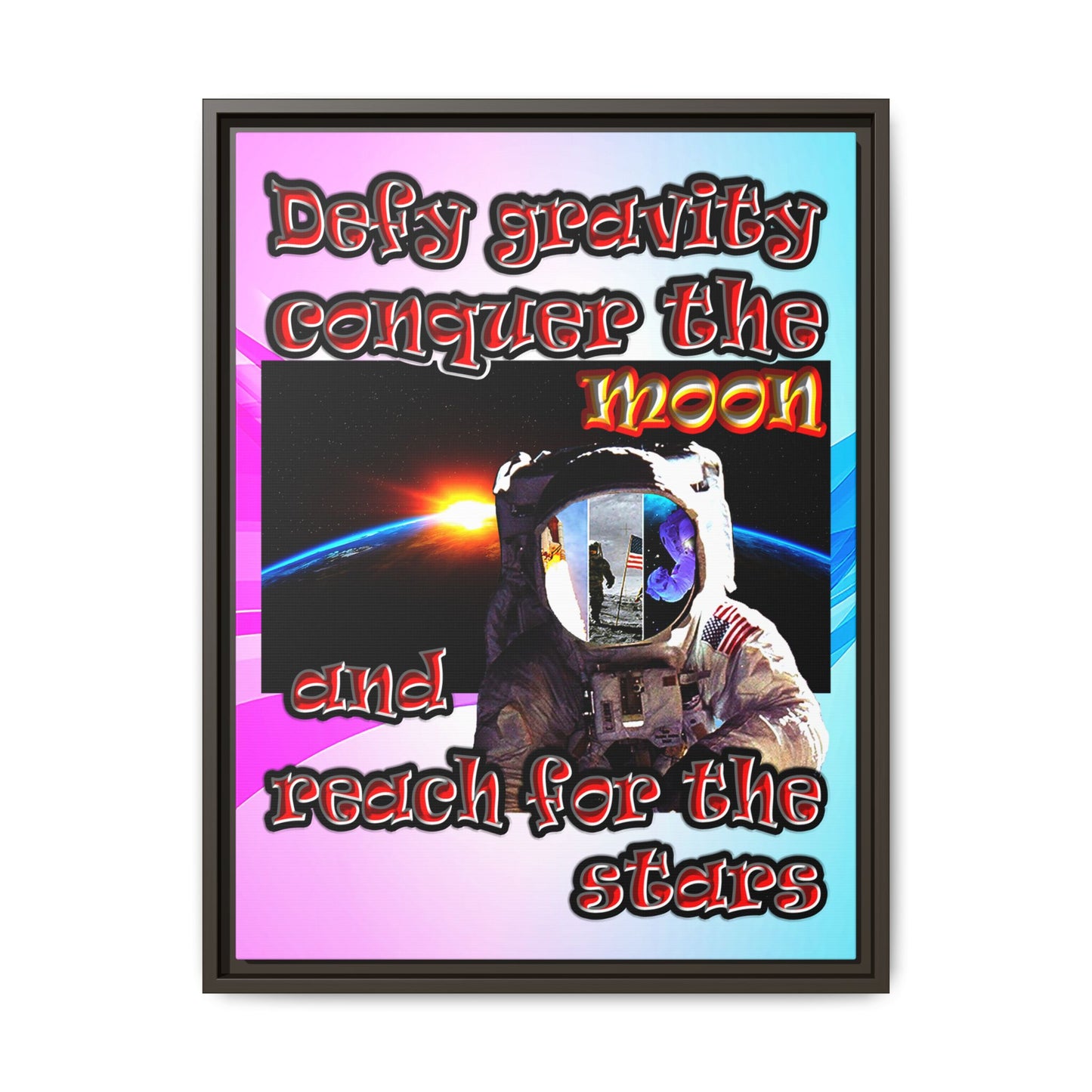 defy conquer reach - framed canvas art (light blue-pink wave)