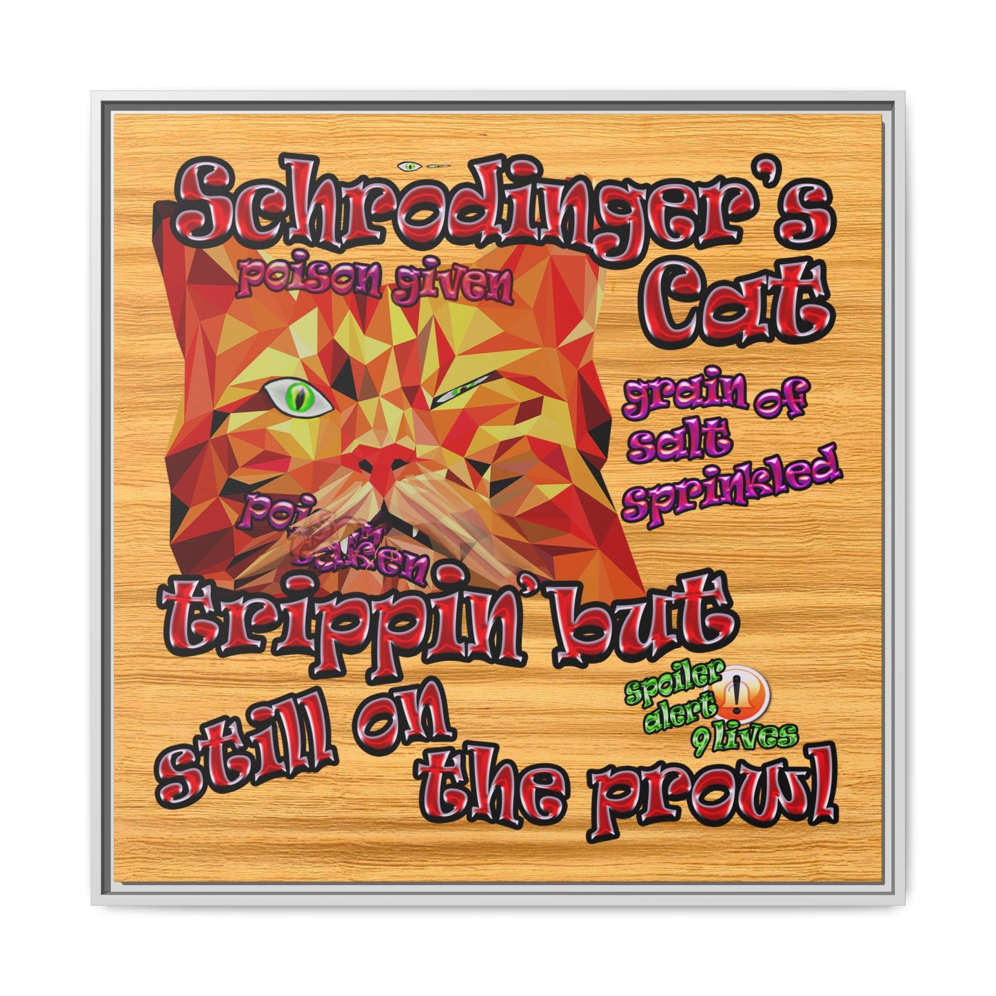 schrodinger's cat - framed canvas art (butterscotch wood finish)