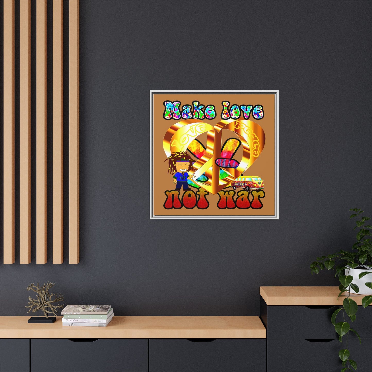 love peace - framed canvas art (light brown)