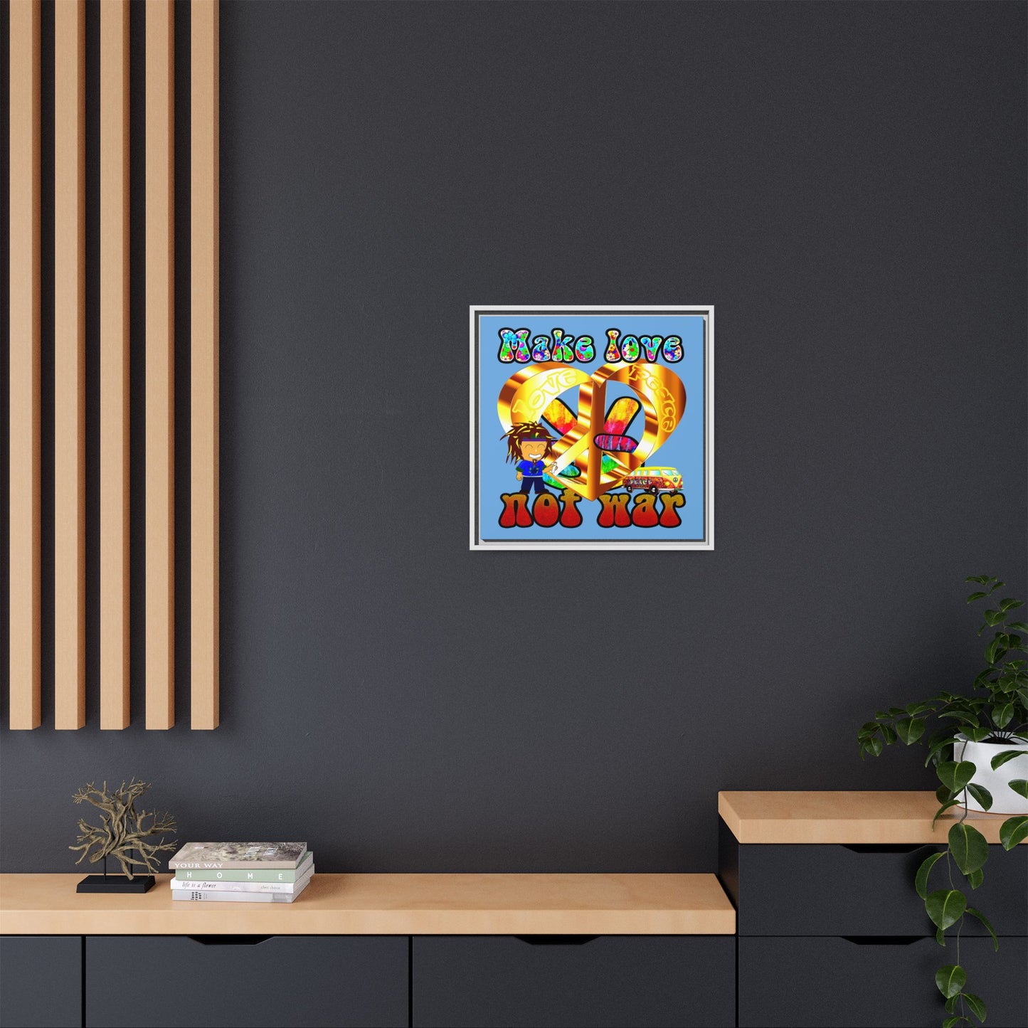 love peace - framed canvas art (light blue)
