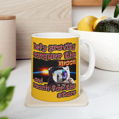 defy conquer reach - White Mug (yellow)