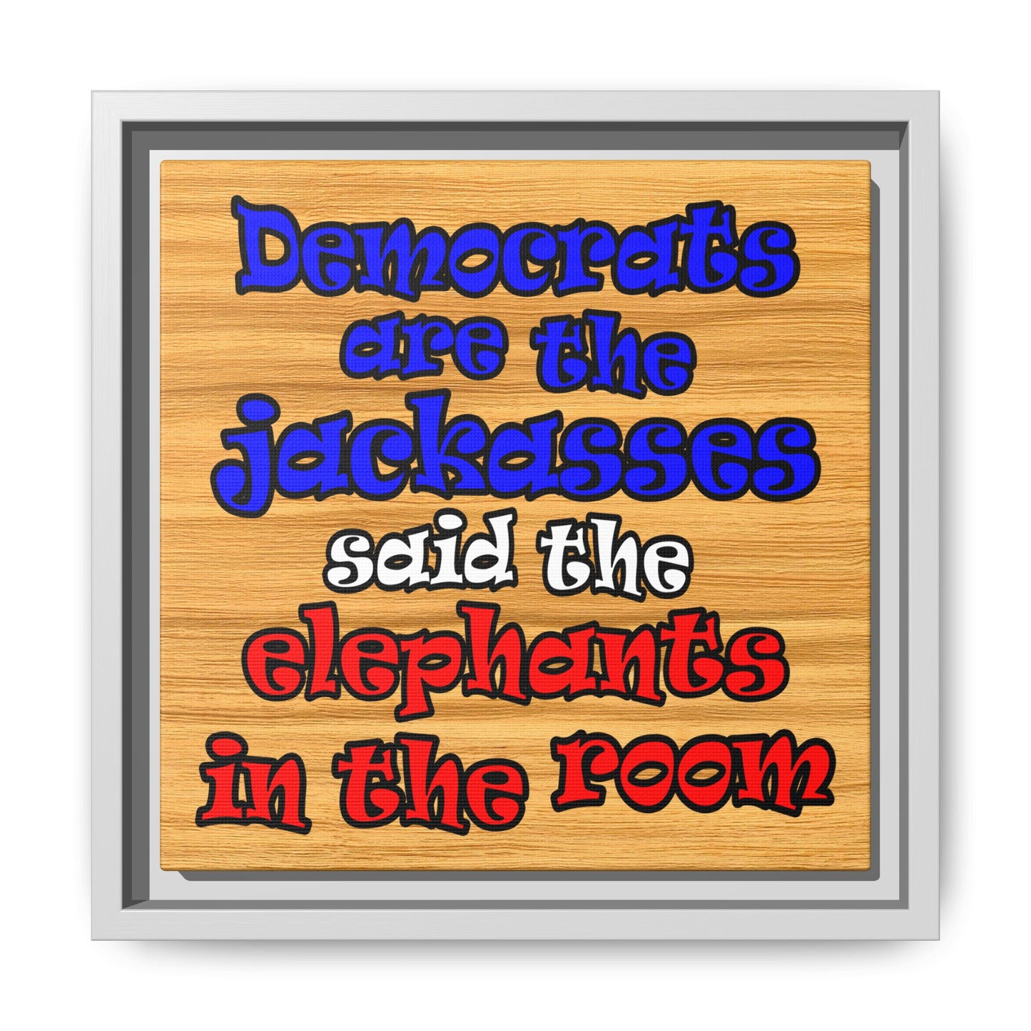 donkeys and elephants - framed canvas art (butterscotch wood finish)