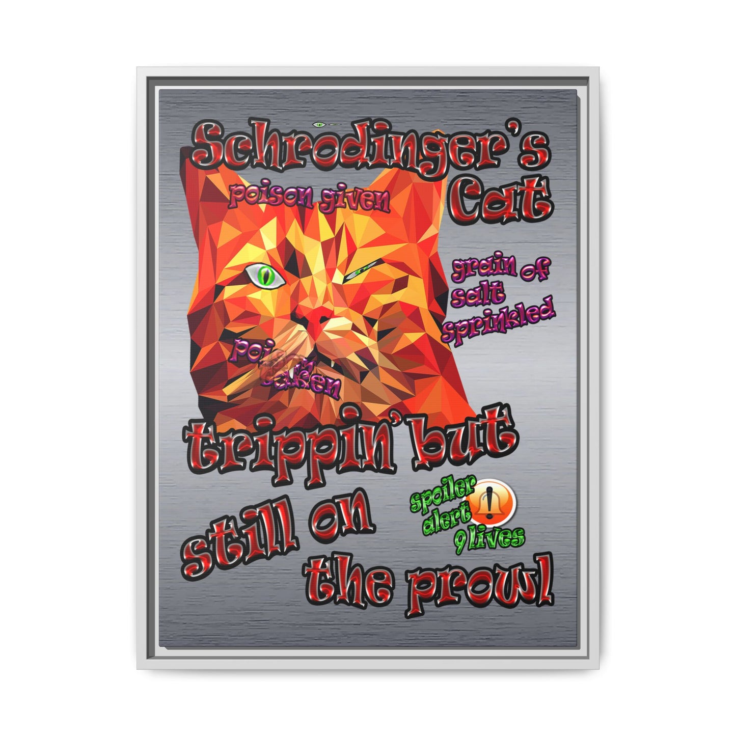 schrodinger's cat - framed canvas art (brushed nickel)