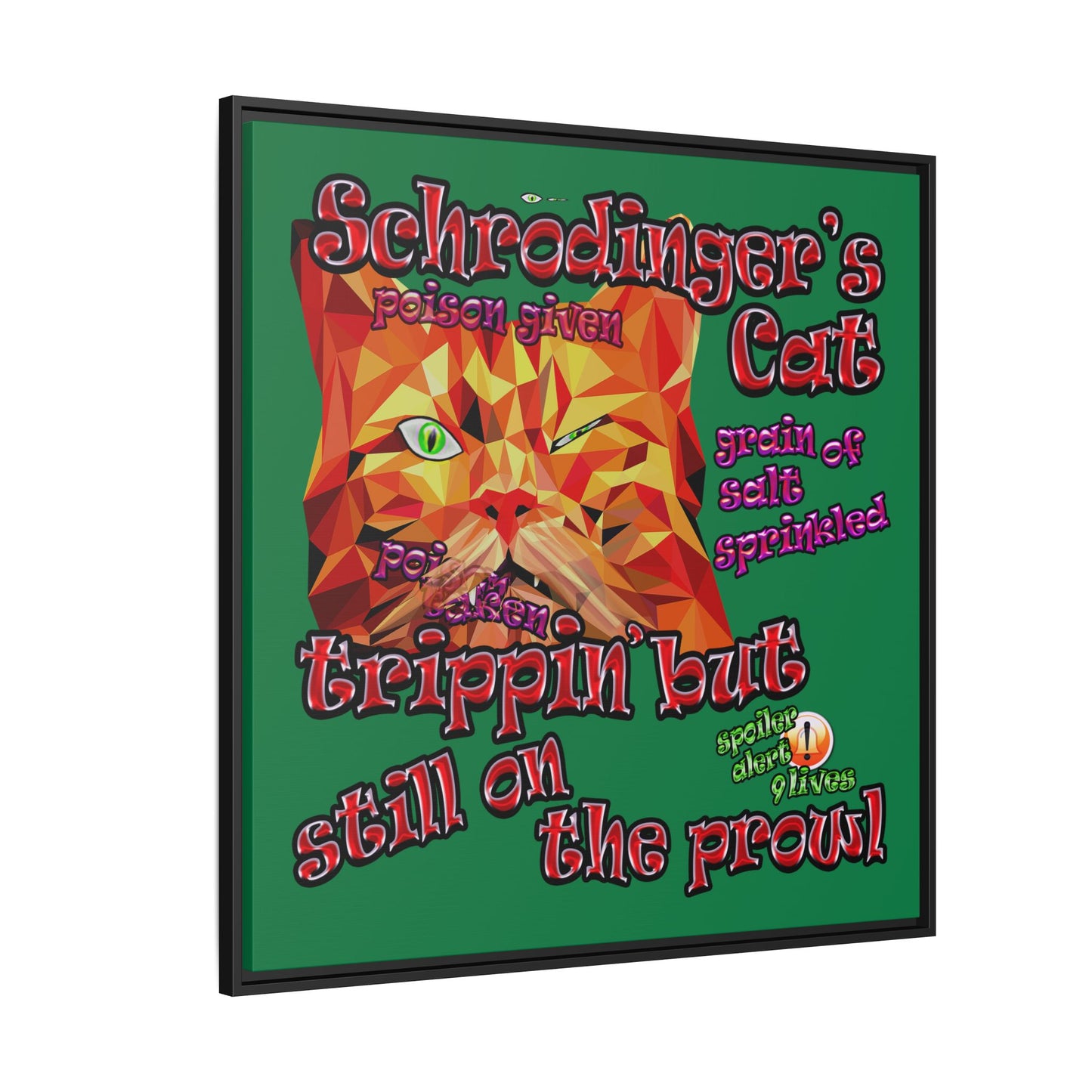 schrodinger's cat - framed canvas art (dark green)