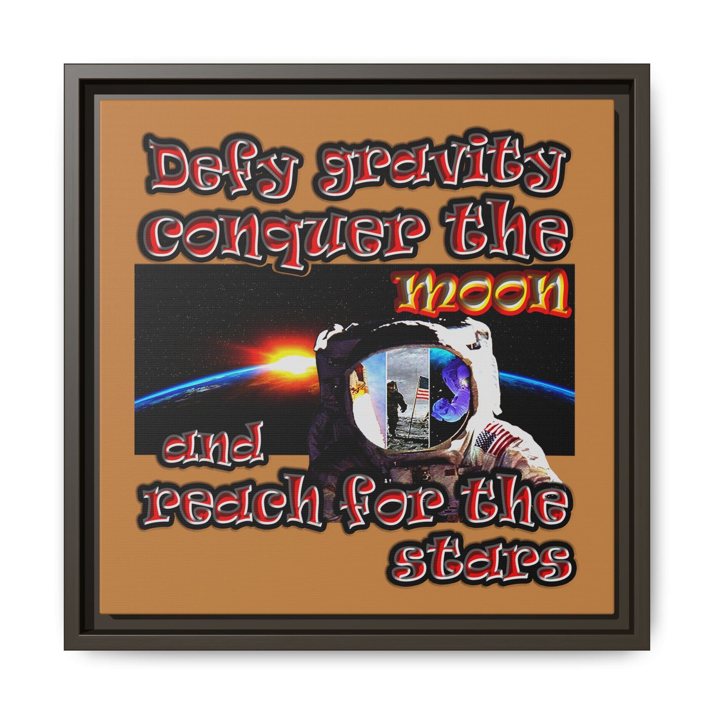 defy conquer reach - framed canvas art (light brown)